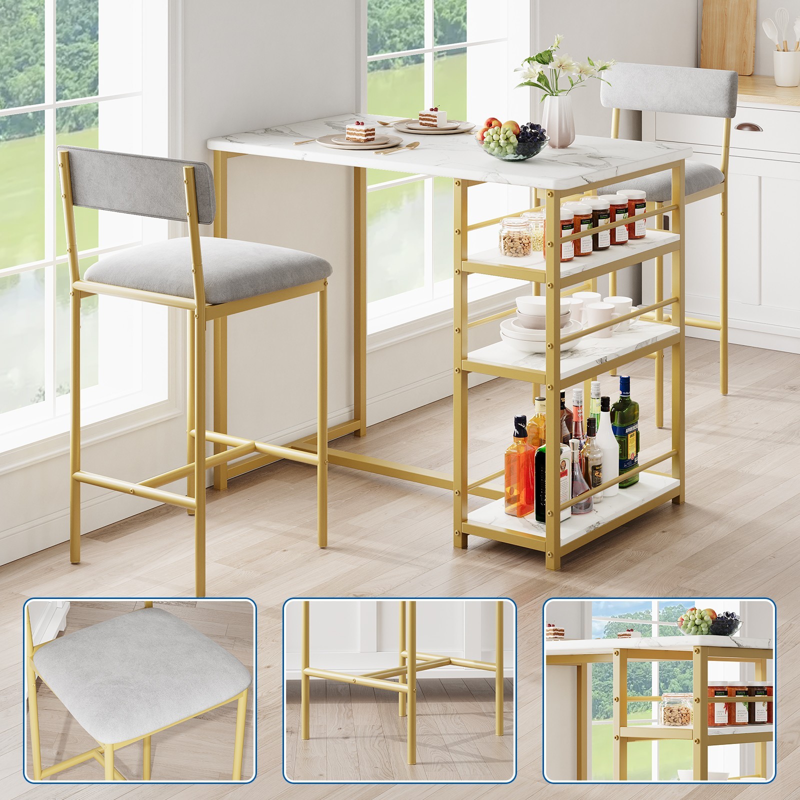Bar Table Set with Storage Shelves,Dining Table Set ,Tall Nook,Cushion Stools