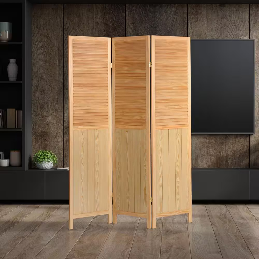 Natural 6 Ft. Tall Louvered Beadboard 3-Panel Room Divider