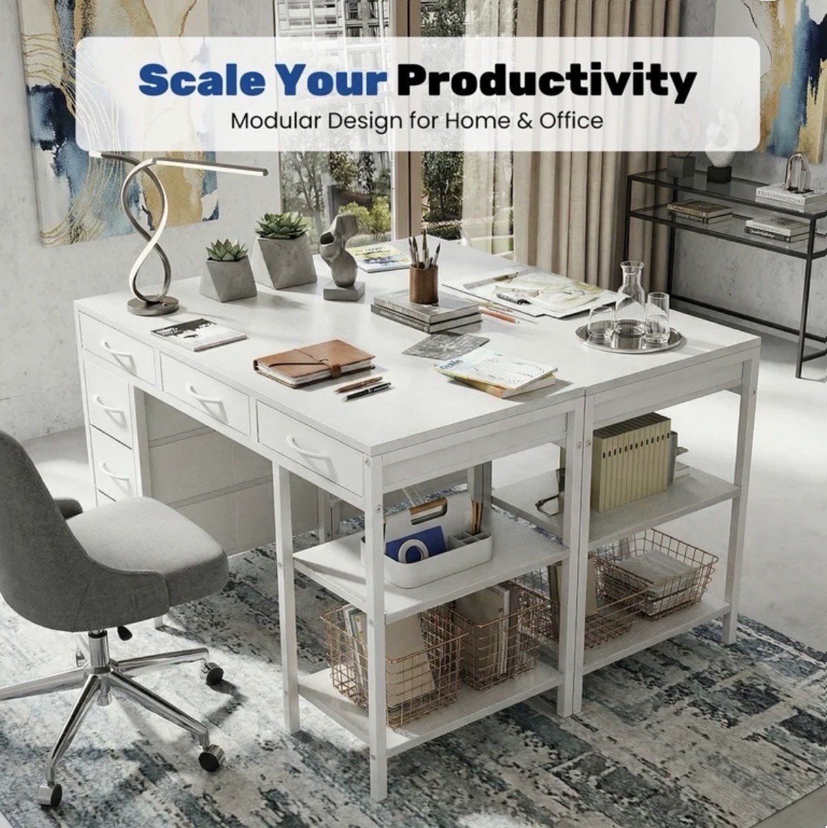 CONCETTA 55” Computer Desk w/ 6 Drawers & Shelves Modern Home Office White