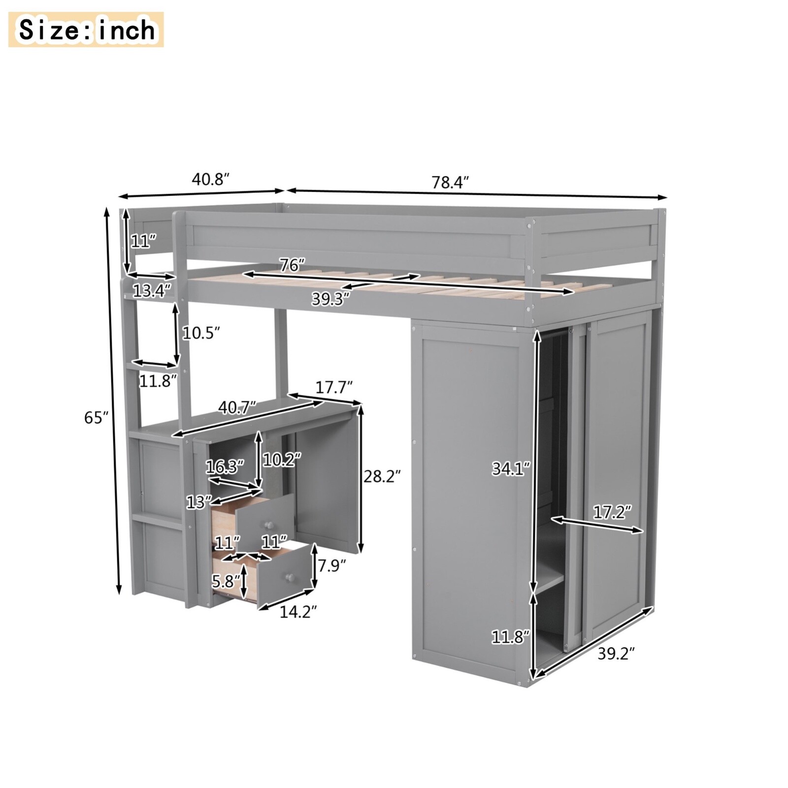 Wood Twin Size Loft Bed with Desk and Wardrobe for Kids, Gray