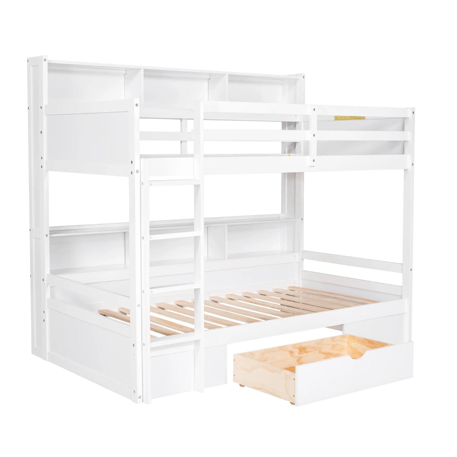 Modern Solid Wood Twin Over Twin Bunk Bed W/ Shelves Drawer Kids Teens Bedroom