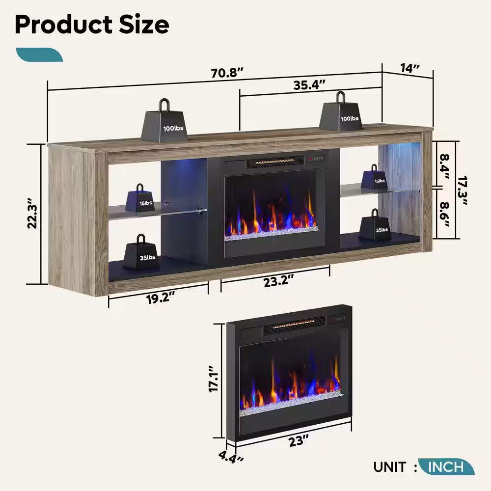 70.8 In. Wash Grey TV Stand with Fireplace Fits Tvs up to 75 In. LED Entertai…
