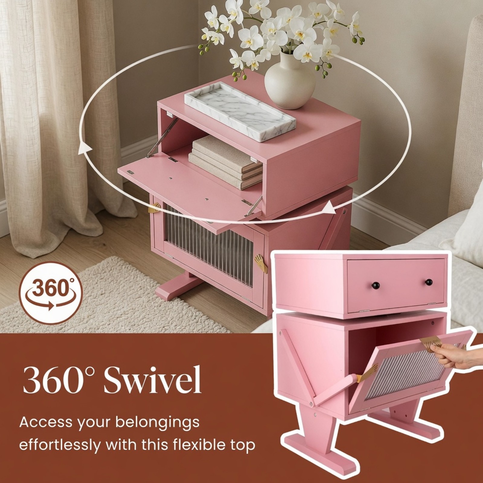 Pink Robot LED Nightstand with Rotating Drawer, 20.7″ Wide Modern End Table