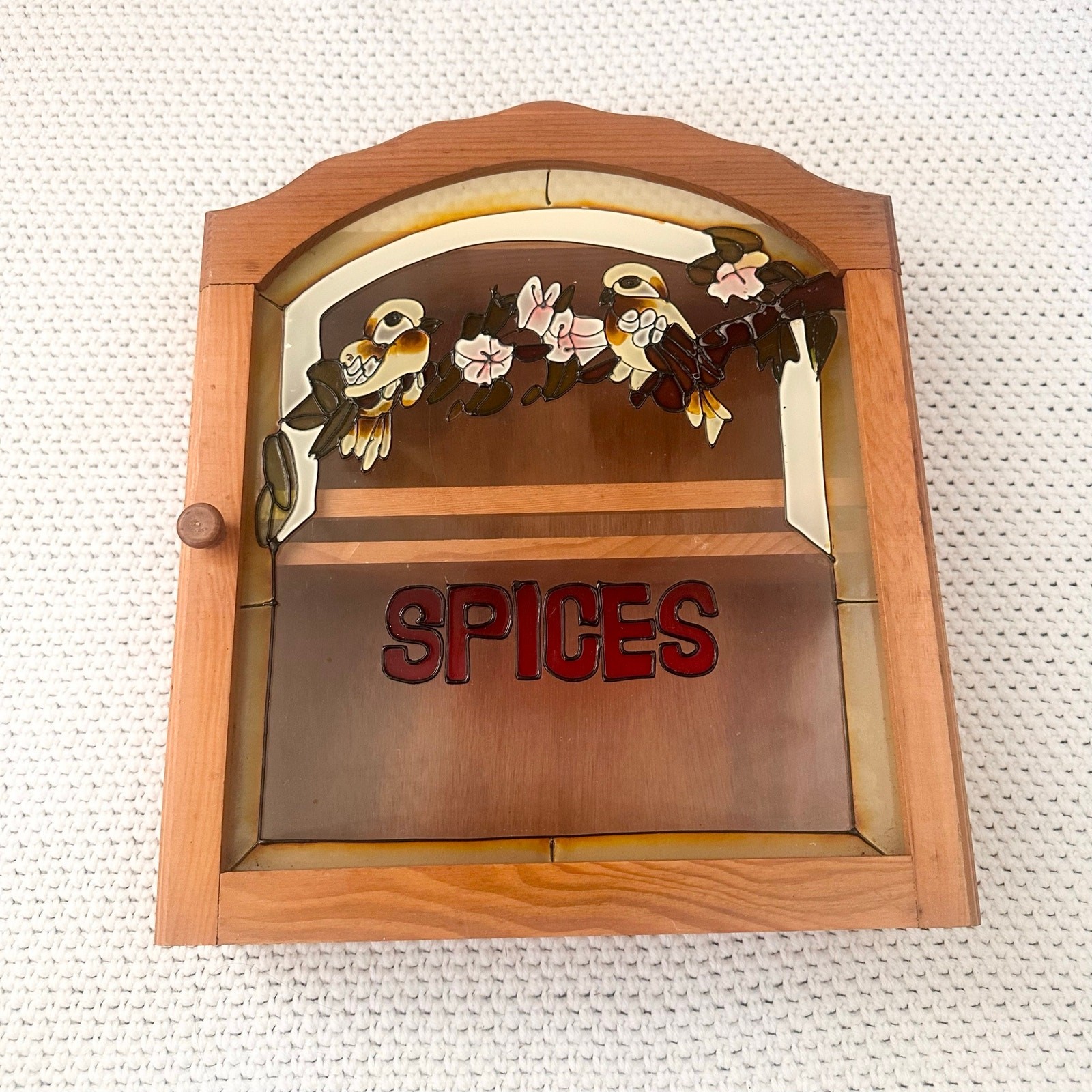 Vintage 1970s Wooden Spice Wall Cabinet Hinged Door Stained Glass Birds Flowers