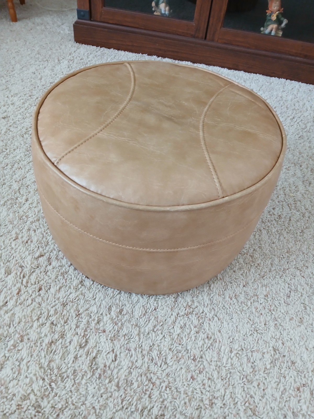 Mid-Century Modern Round Ottoman Footstool Hassock Tan Brown Vinyl MCM Retro Vtg