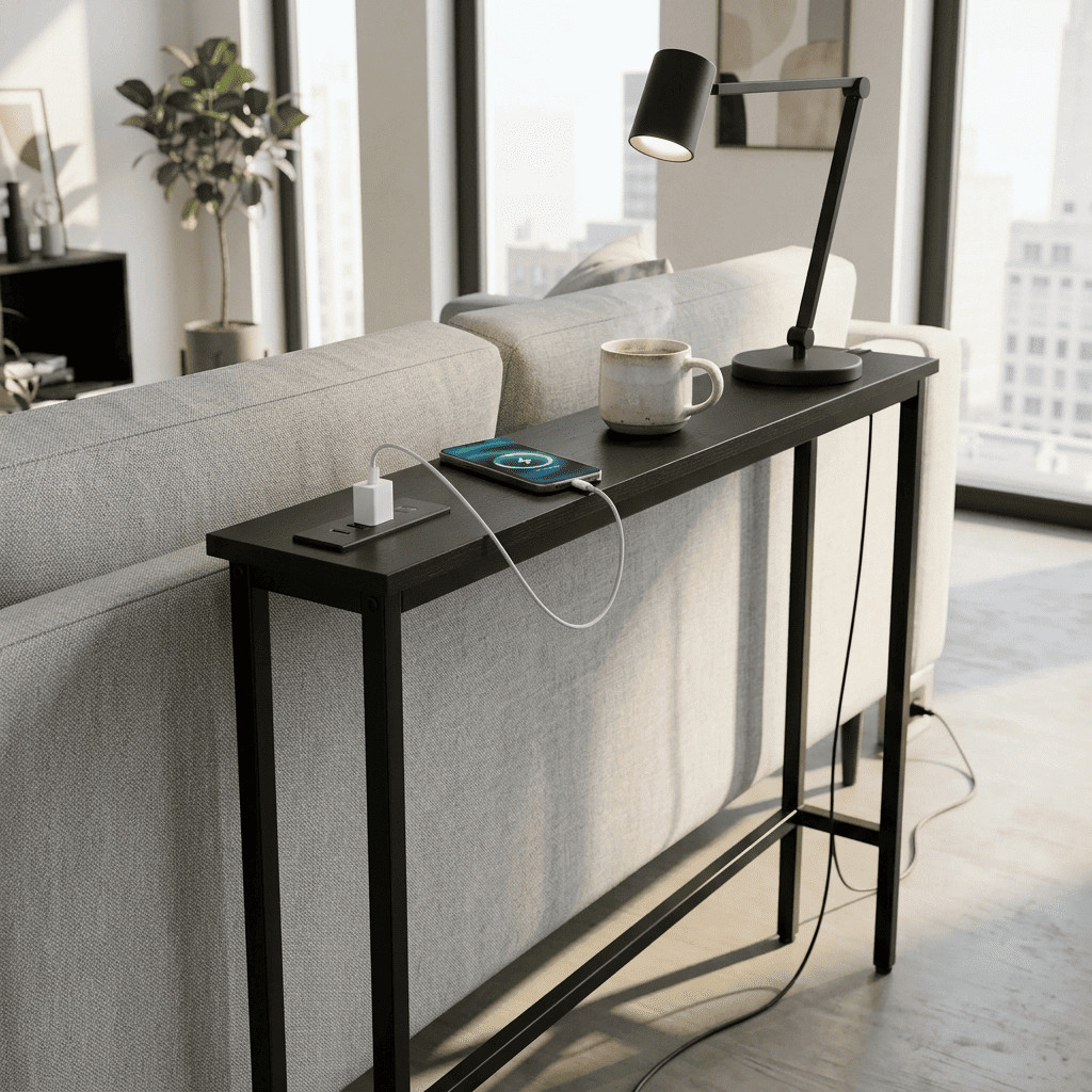 39in Narrow Console Sofa Table Power Outlets USB Charging Skinny Entryway Black