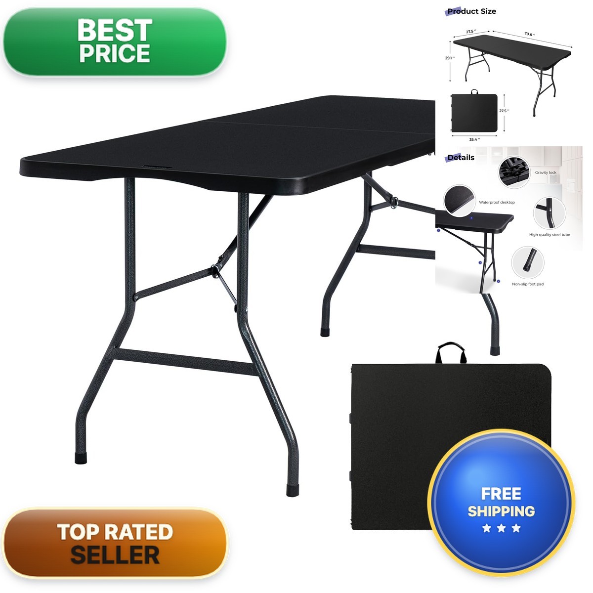Byliable 6FT02 6ft Black Folding Table with Handle