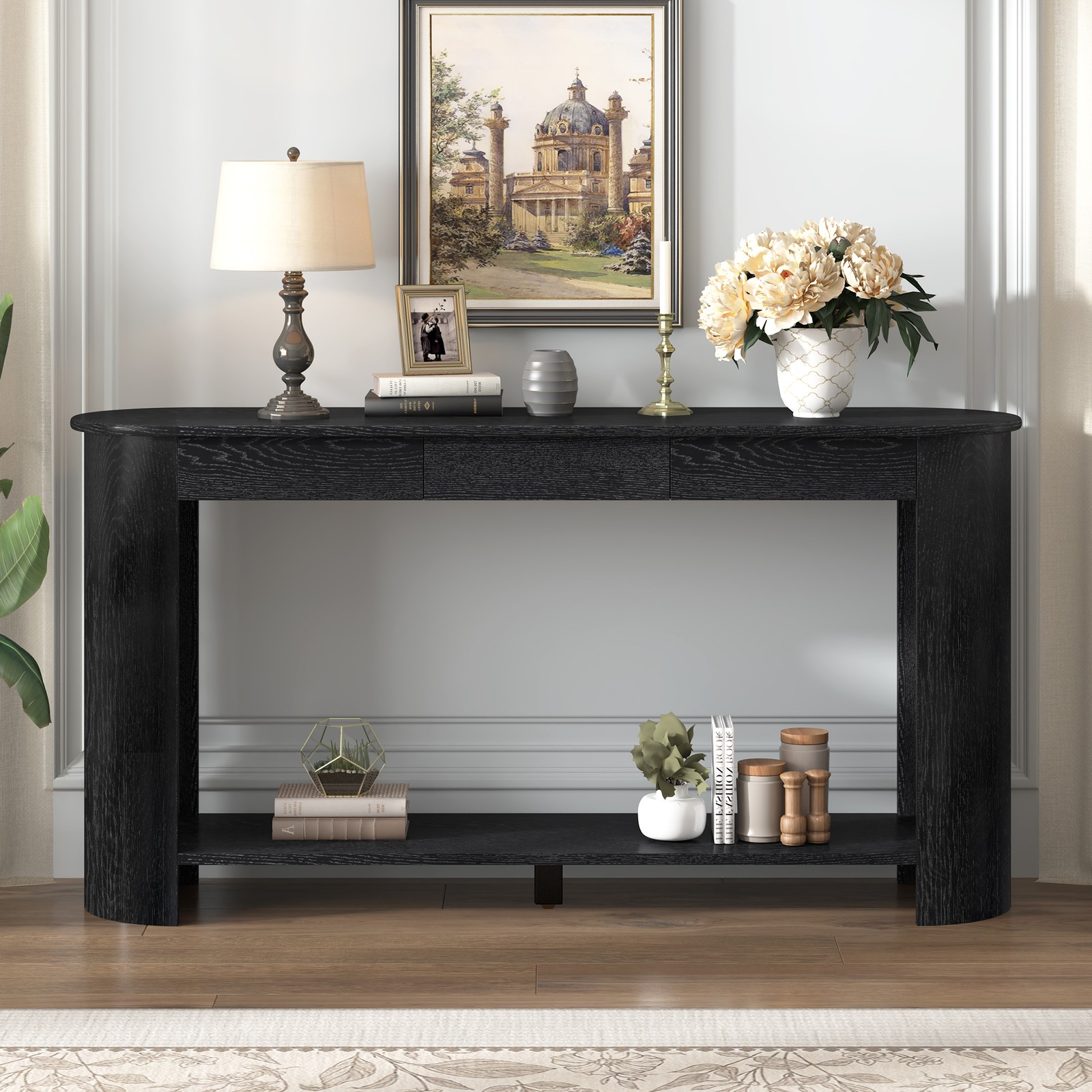 Modern Oak Veneer Console Table 59.8″ with 3 Drawers & Shelf