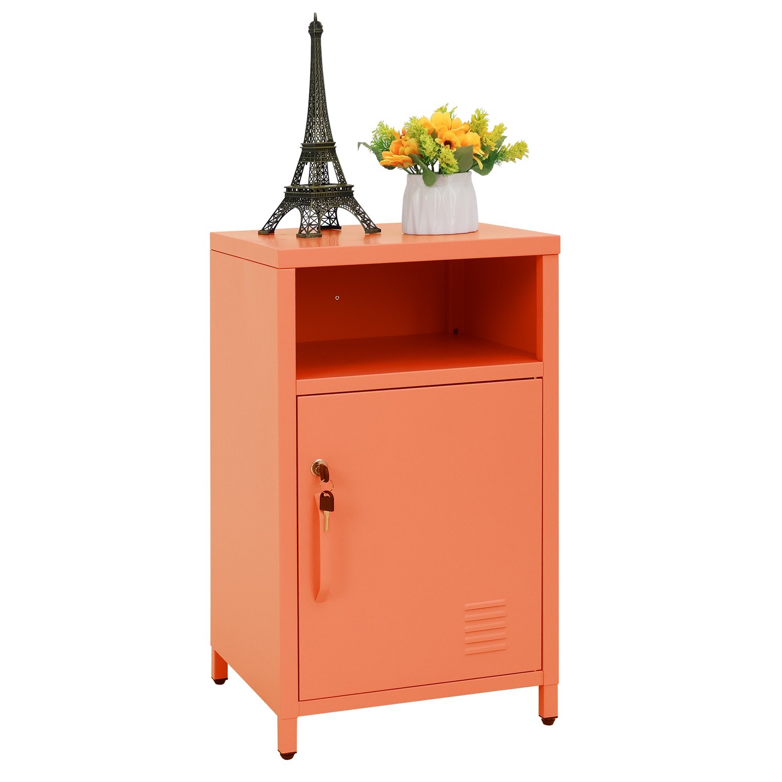 Modern Metal Side Table Accent Nightstand Lockable Storage Cabinet For Bedroom