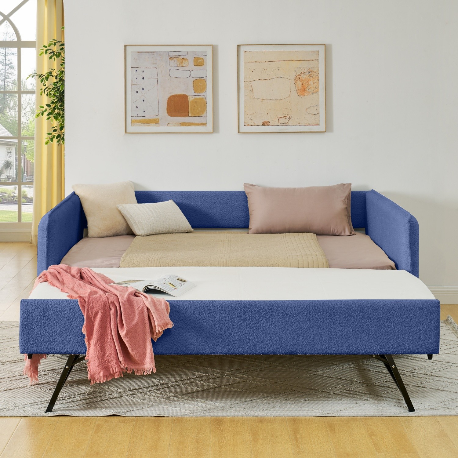 Full Daybed with Pull-Out Trundle Boucle Upholstered Sofa Bed Pink/Yellow/Blue