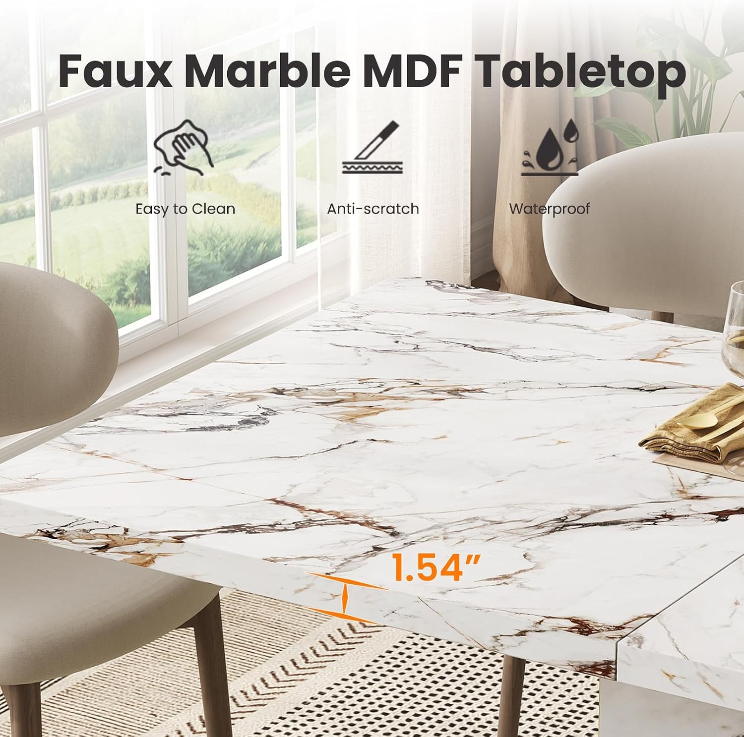 70″ Faux Marble Dinner Table，Rectangle Modern White Dining Table 6-8