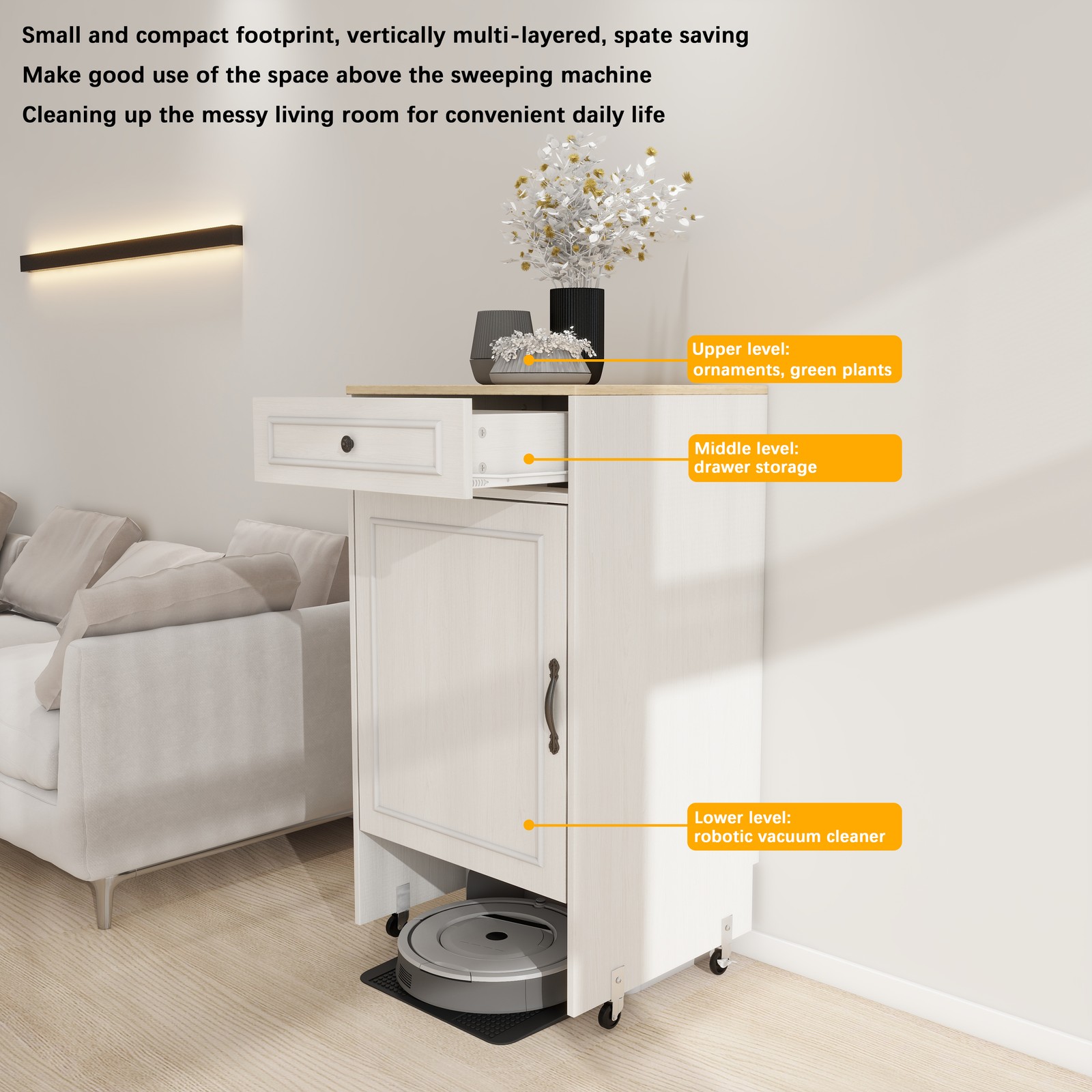 Robot Vacuum Stand with Wheels, Storage Cabinet with Doors & Drawers