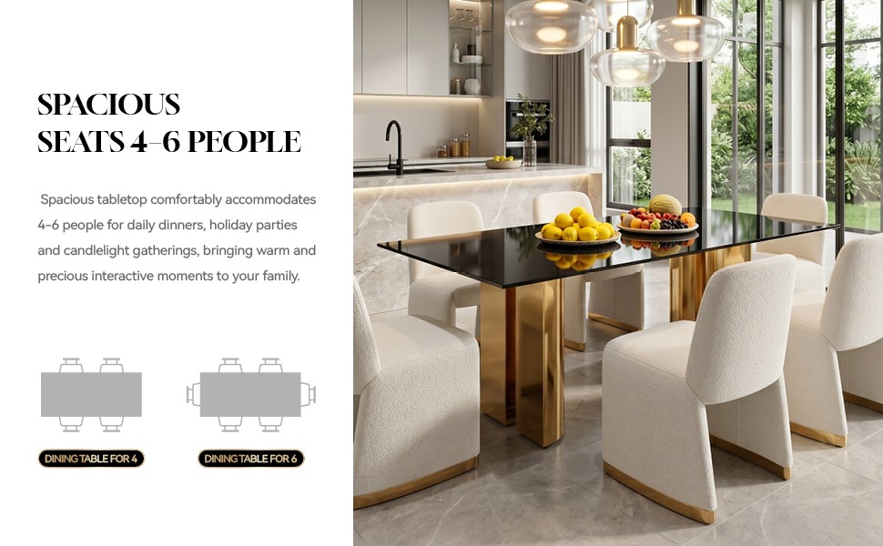 70″ Rectangular Dining Table Black Tempered Glass Gold Stainless Steel Legs