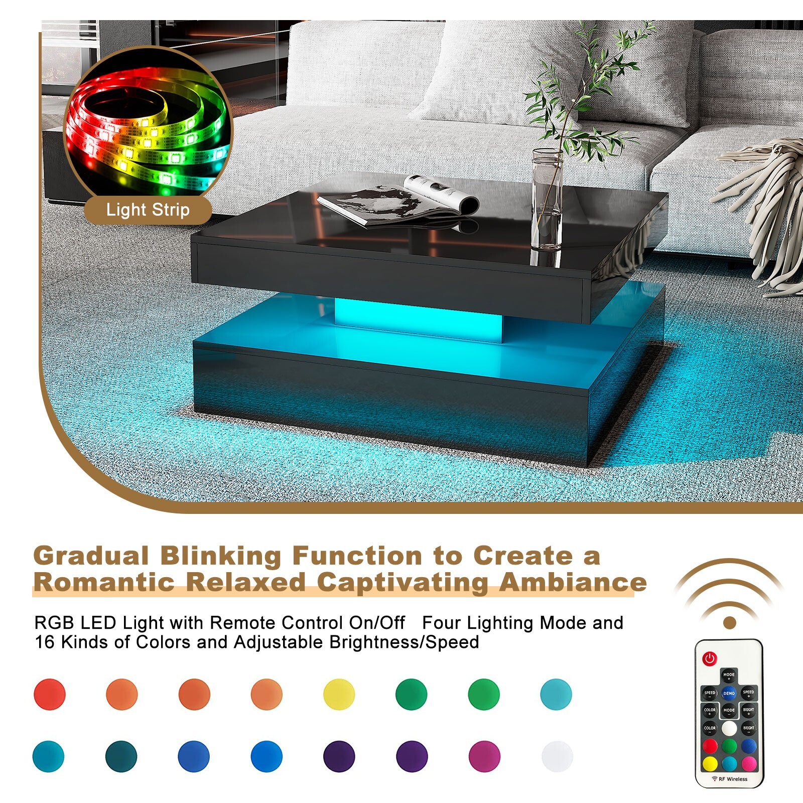 Square Coffee Table with LED Lights High Gloss Center Cocktail Table 2-Tier Whit