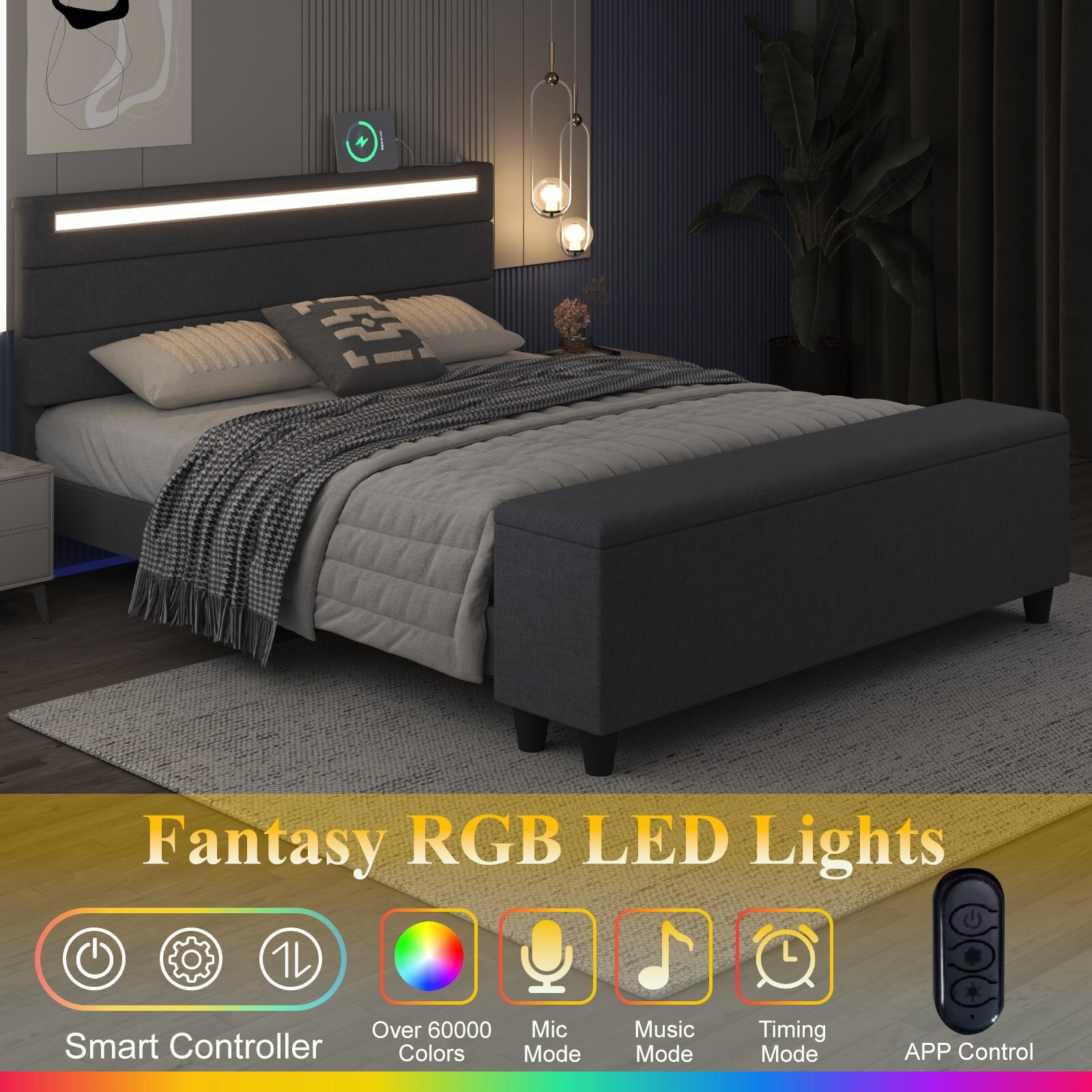Queen/Full Bed Frame with Storage/Upholstered Headboard with Charging Station