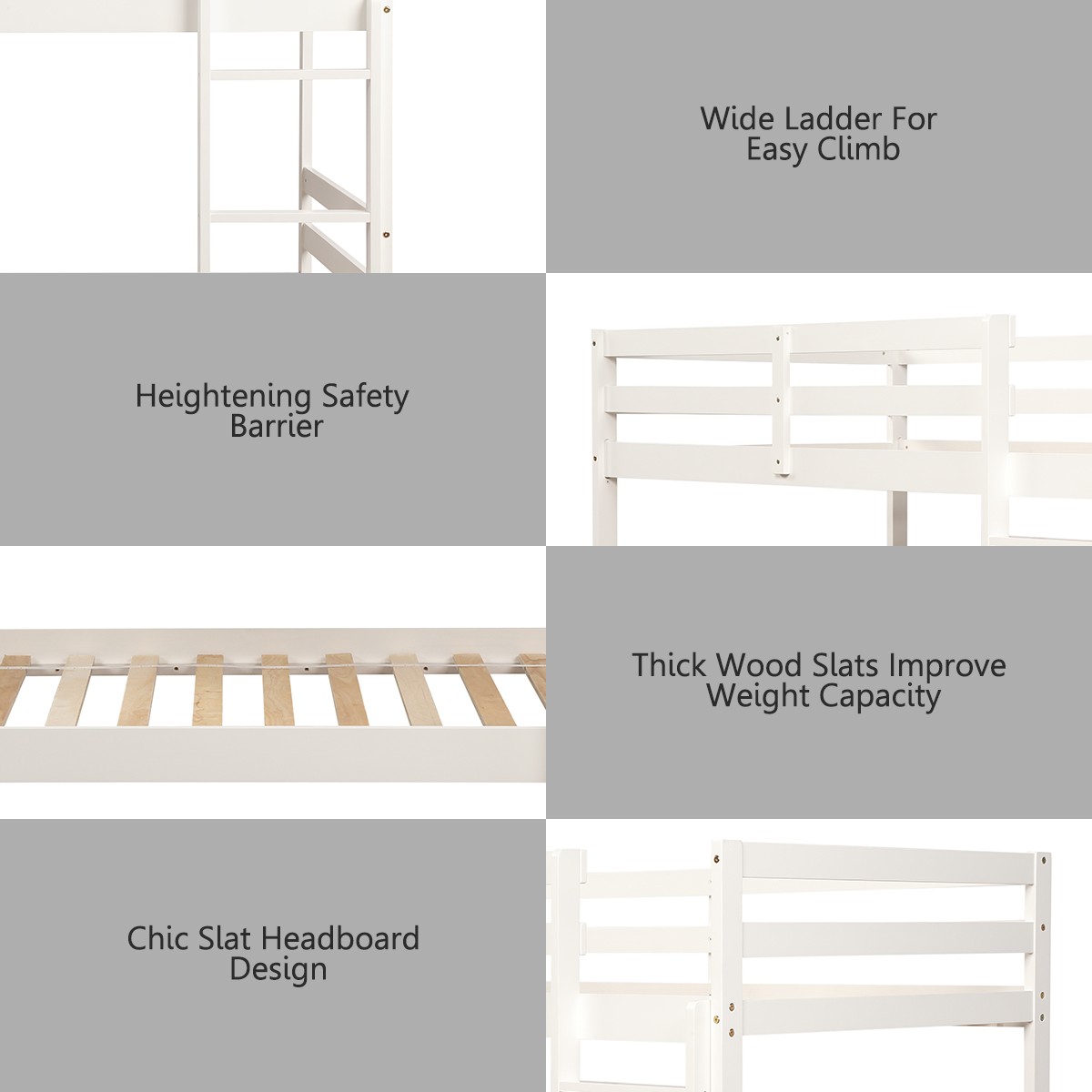 Twin Over Twin Wood Bunk Beds W/Ladder & Safety Rail Pine Wood Home White