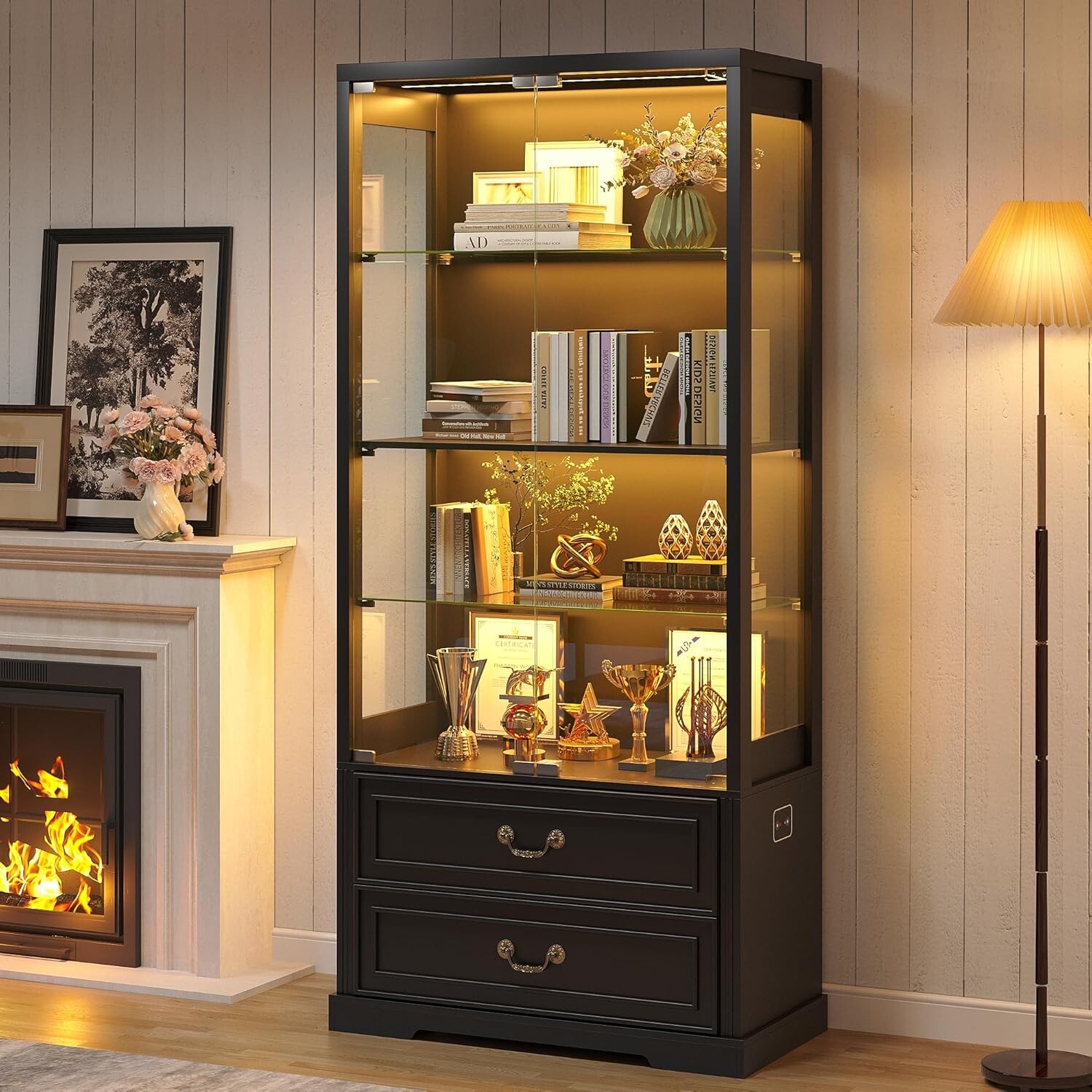 Display Cabinet with Doors, 4-Tier Curio Cabinet with LED Lights and 2 Drawers