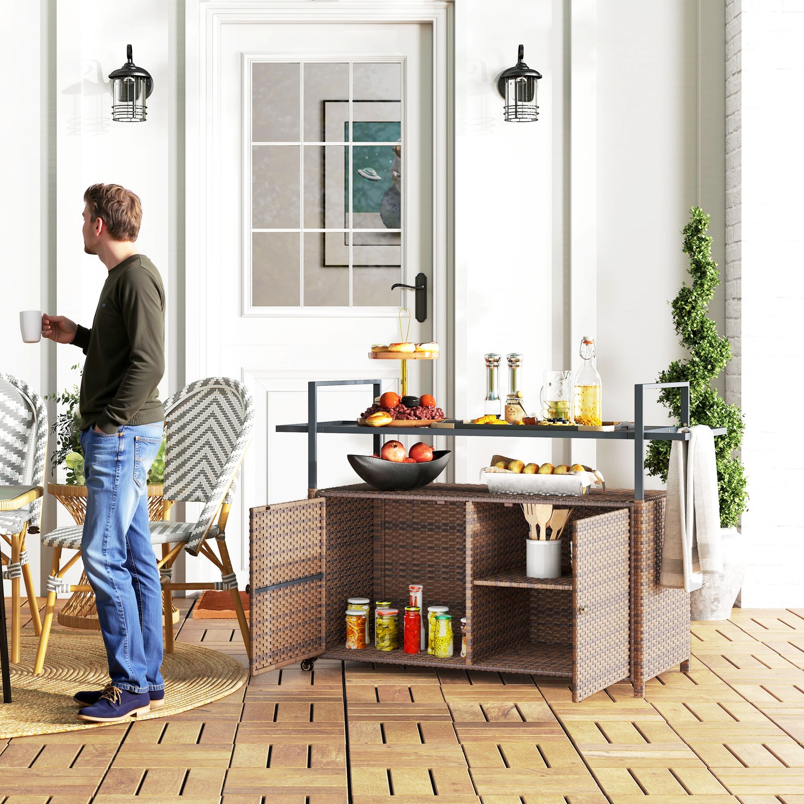 Outsunny PE Rattan Outdoor Bar Table with 2-Tier Shelf, Patio Serving Cart