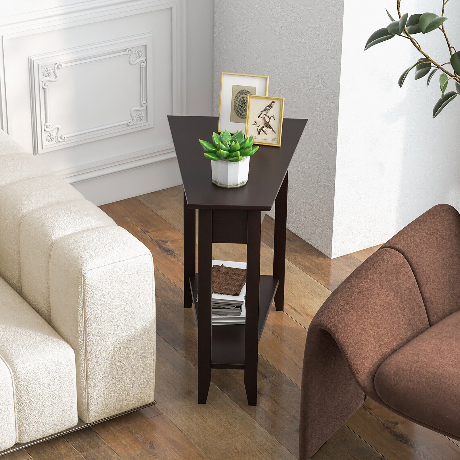 2-Tier End Table Irregular Narrow Sofa Side Nightstand w/ Storage Shelf Espresso