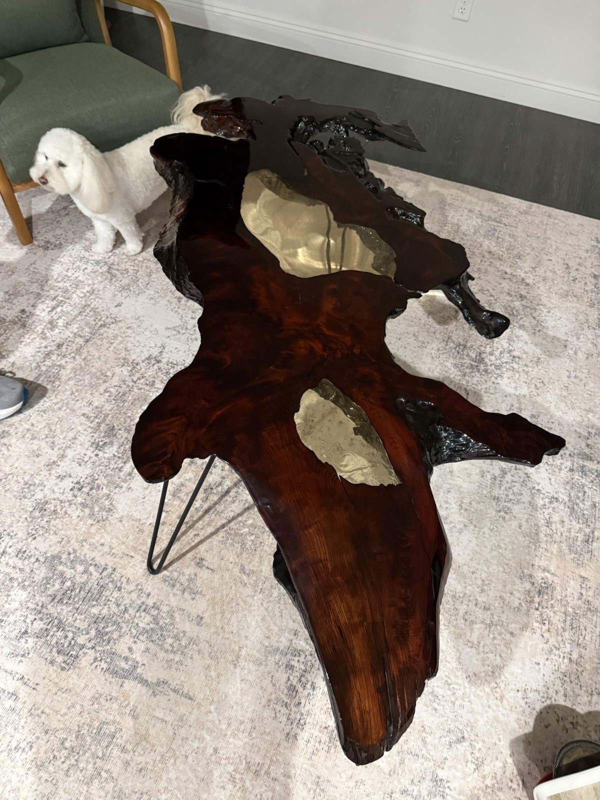Live Edge Dark Wood & Resin Coffee Table, Free Form, Hairpin Metal Legs