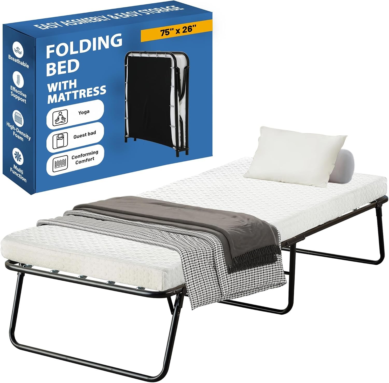 Greaton Folding Guest Bed with 3 Inch Memory Foam Mattress 75×26 Inch