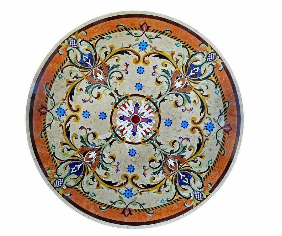 36″ Marble Table Top Handmade inlay Semi precious stones Pietra dura art