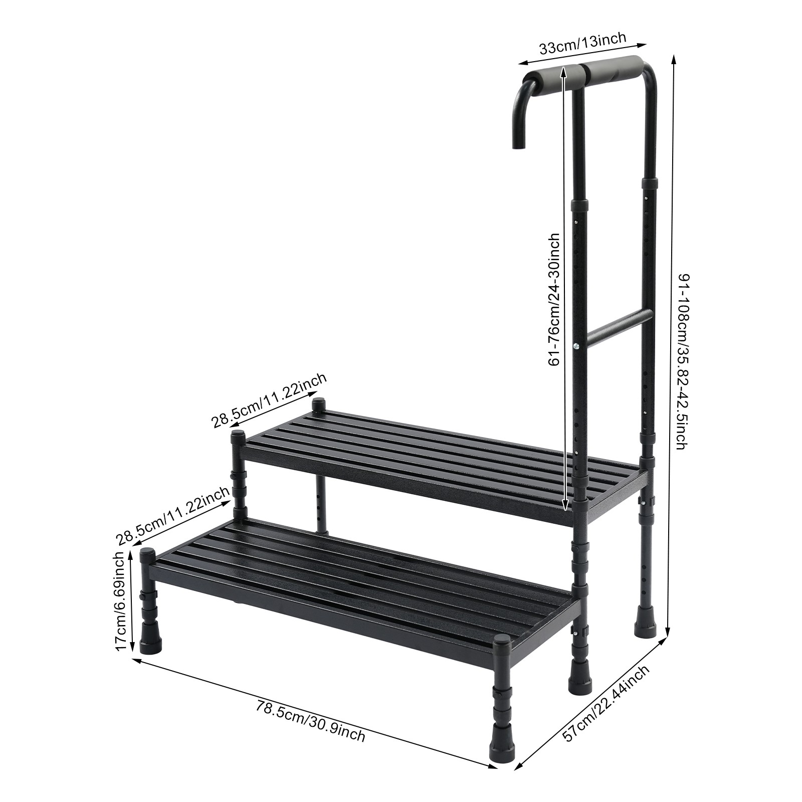 2 Steps Stool with Handle, Adult Ramp with Handrail, Metal Stepping Stool