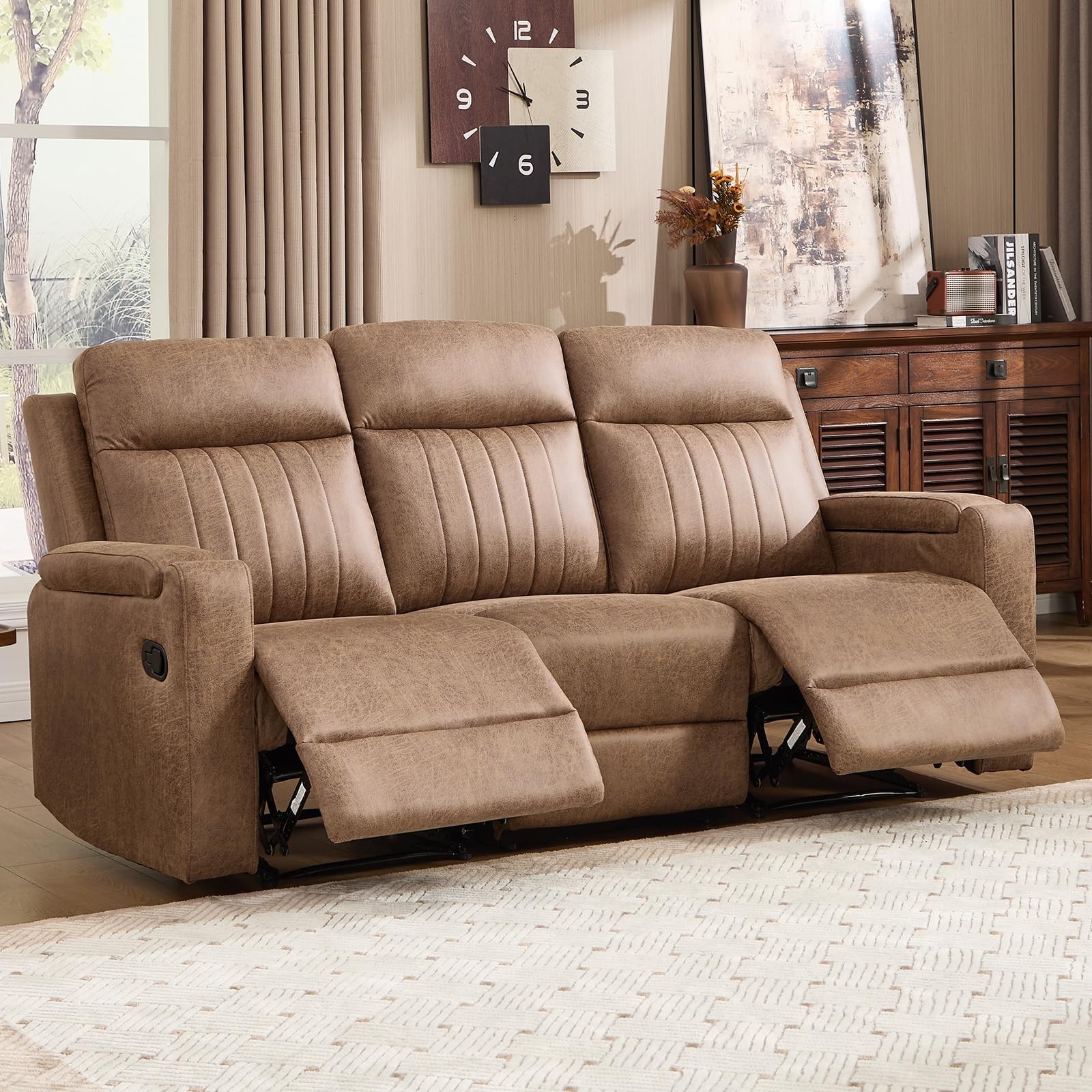 Canmov Faux Leather 3 Seat Manual Recliner Sofa with Hidden Storage & Cup Holder