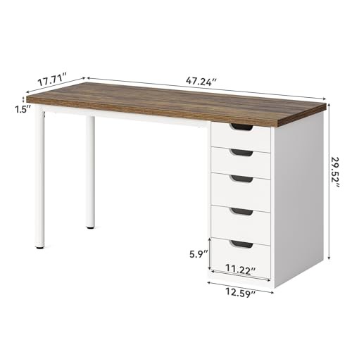 Computer Desk with 5 Drawers, 47 Inch Modern Simple Rustic Brown and White