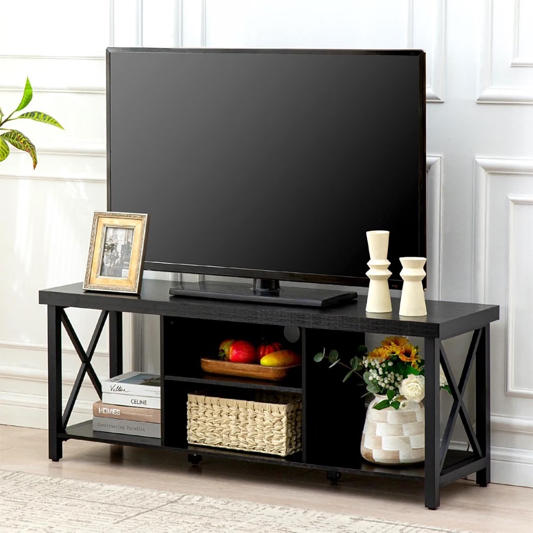 TV Stand Console Table Cabinet Up to 55in Black Farmhouse Open Shelves X-Frame
