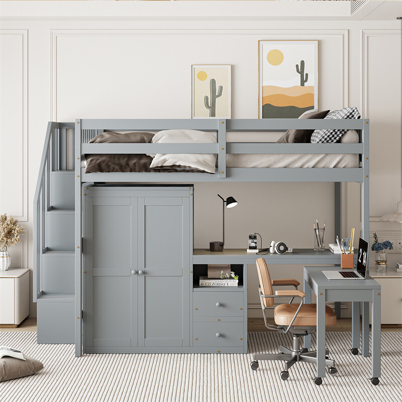 Full Size Wood Loft Bed with Storage Stairs,Desk,Wardrobe & Movable Table-Gray