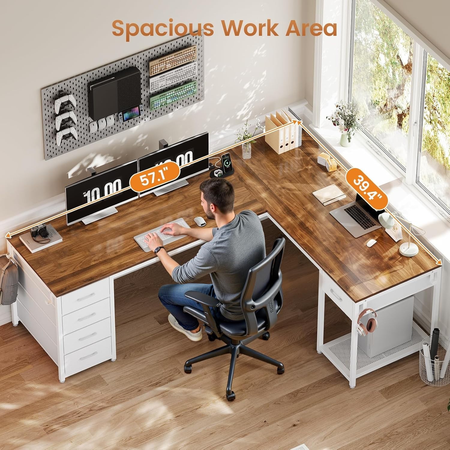 L Shaped Computer Desk with 5 Drawers Modern Reversible 78.7″ Long 2 Person Desk