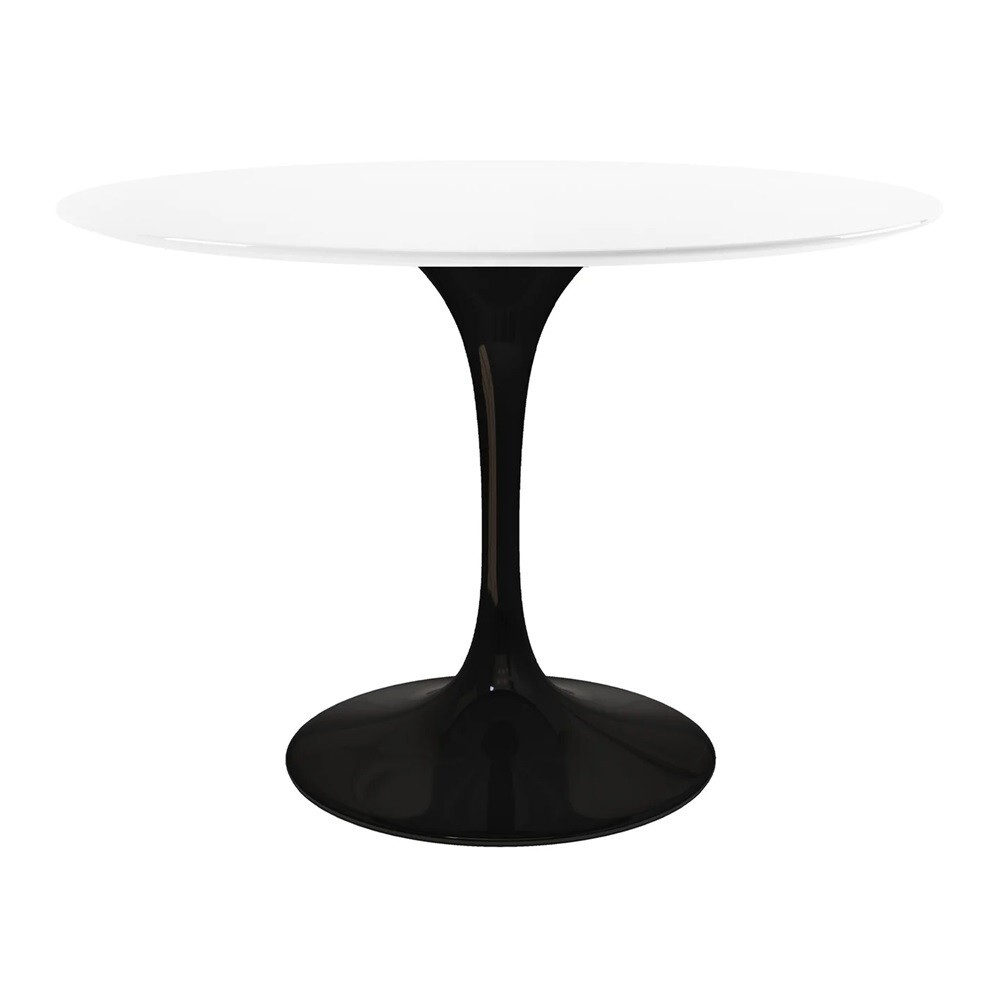 48″ Tulip Style Dining Table White Round Fiberglass Top Black Cast Aluminum Base