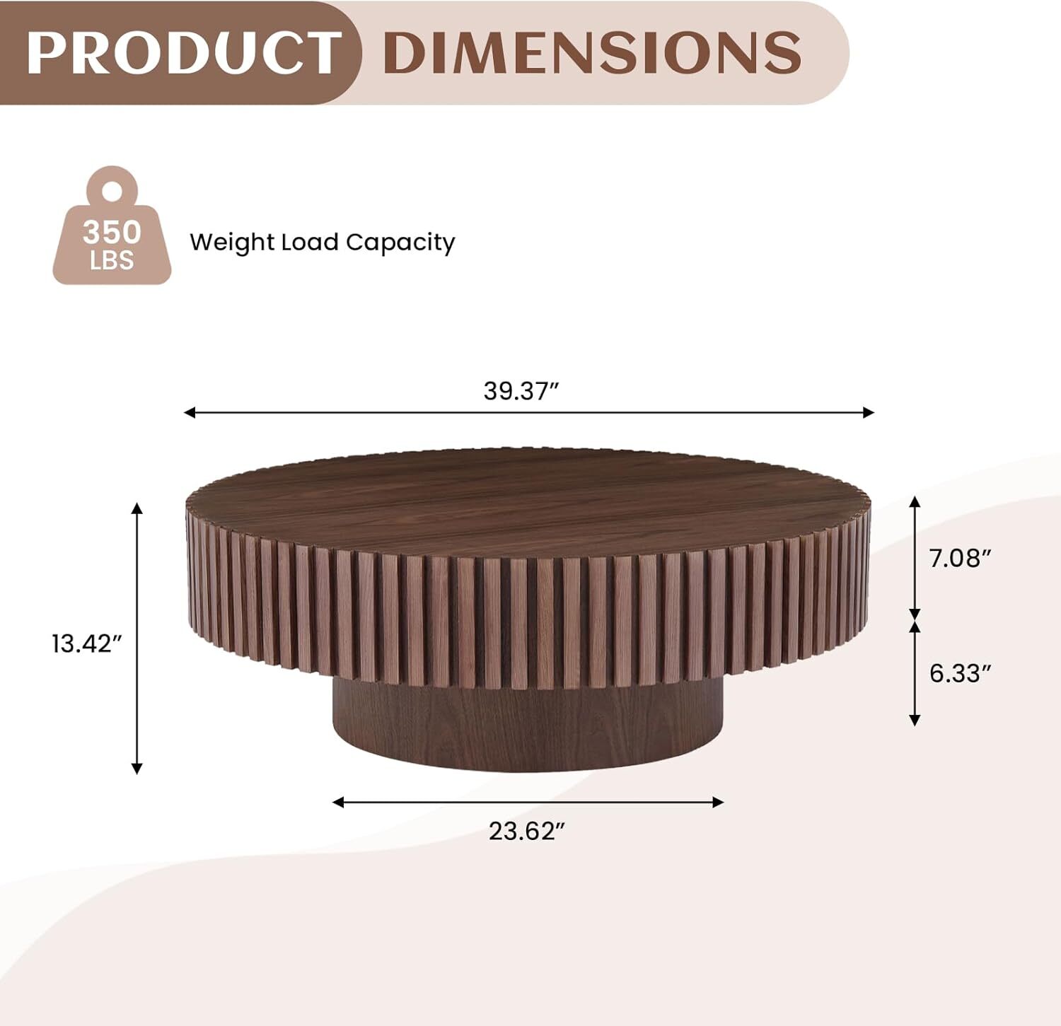 39.37″ Round Coffee Table Handcrafted Relief Sturdy Pedestal Tea Table