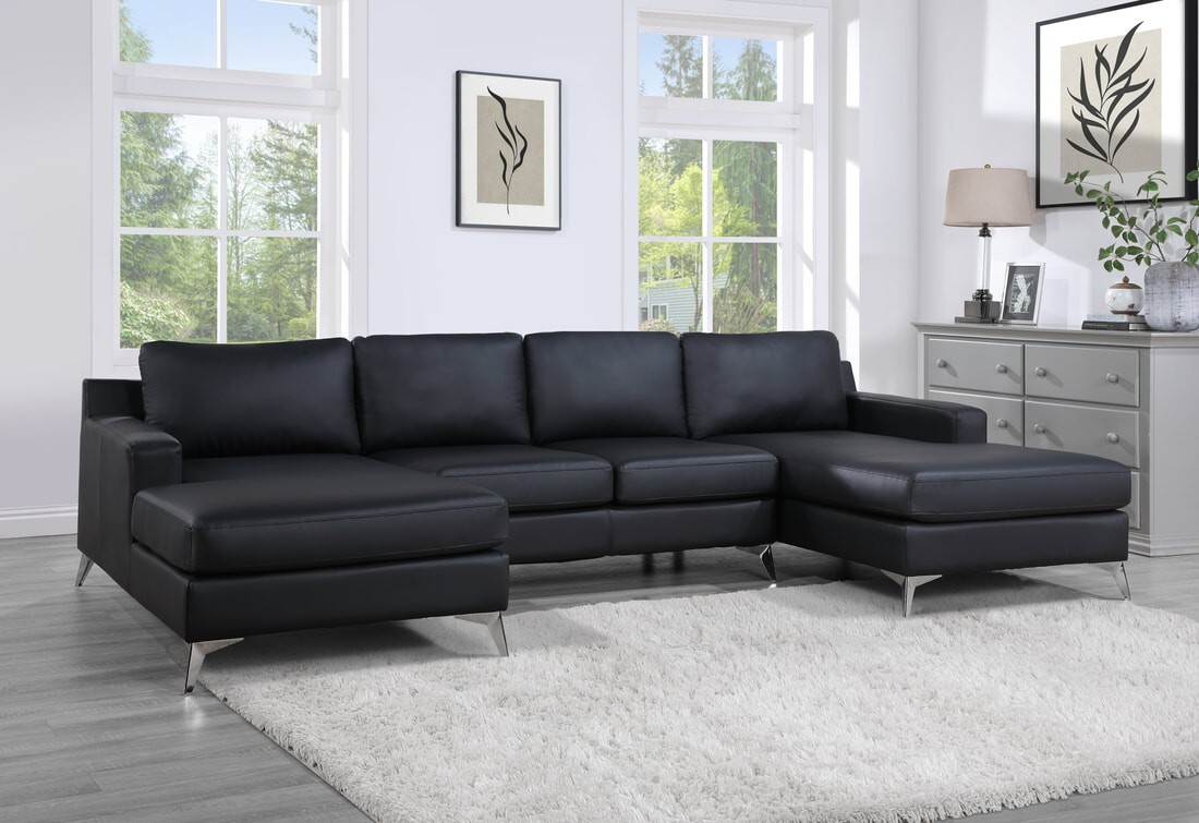 OVERSIZED 122″ Modern Double Chaise U-Shape Sectional Black Vegan Leather Sofa
