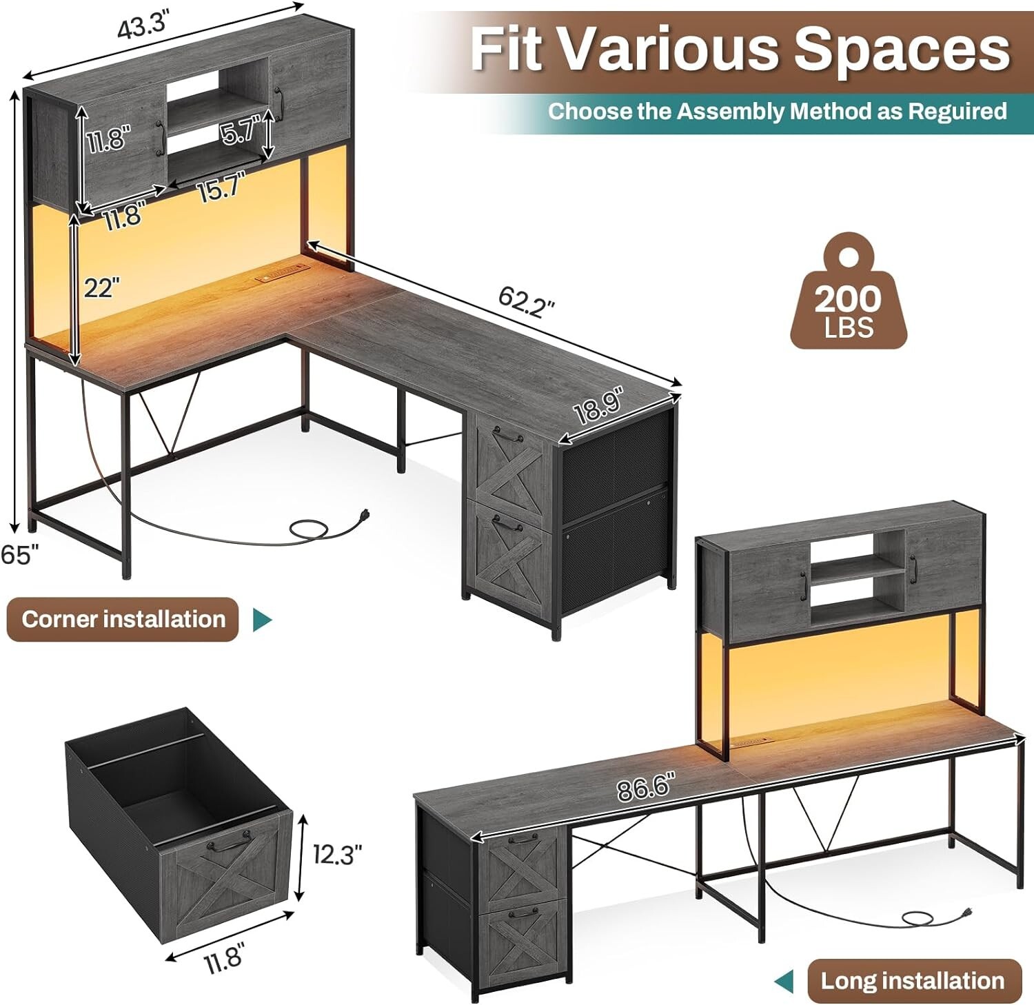 L Shaped Computer Desk with Led Lights, Hutch and Power Outlet, Home Office Desk