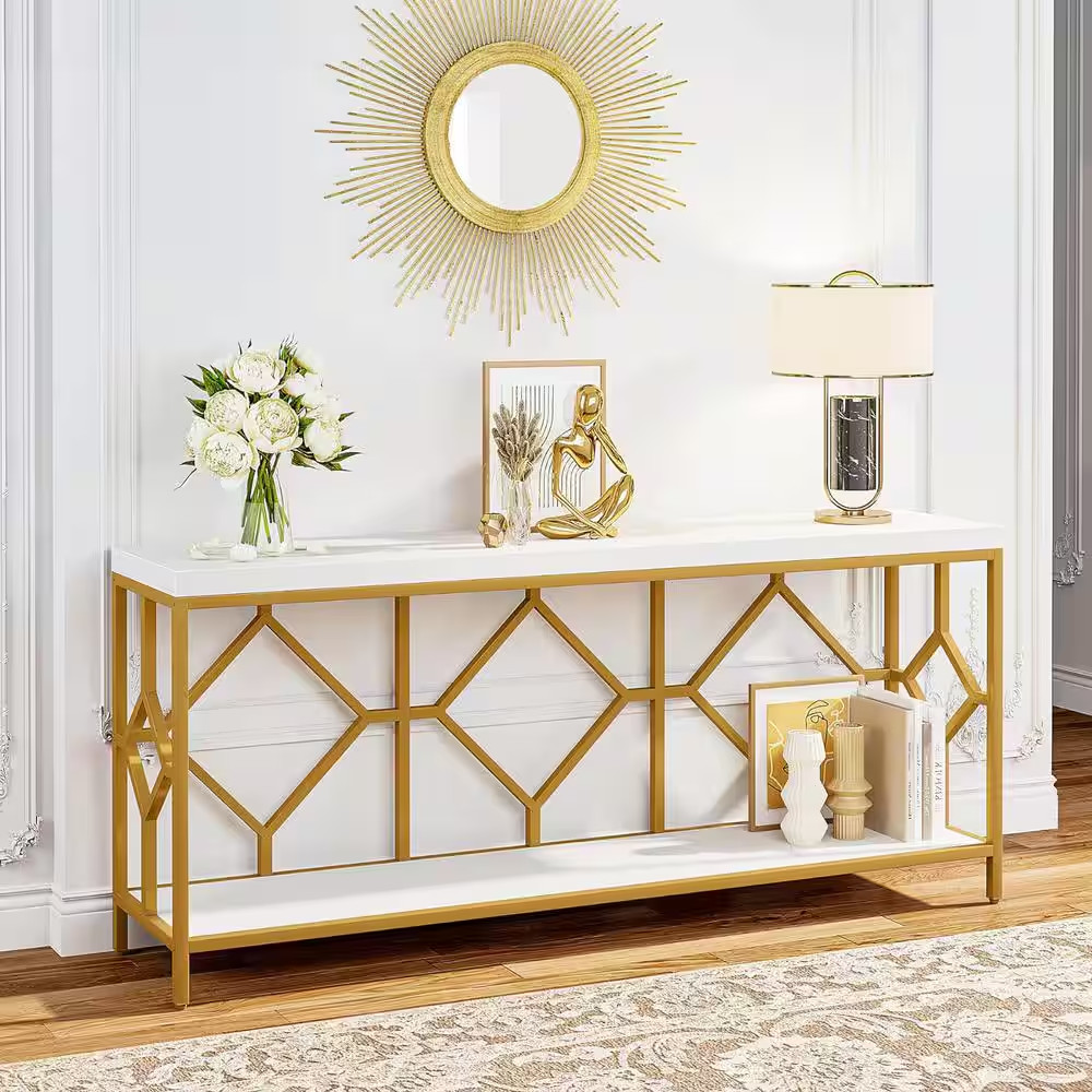 Turrella 70.9 In. Whiteandgold Extra Long Rectangle Wood Console Table behind Co