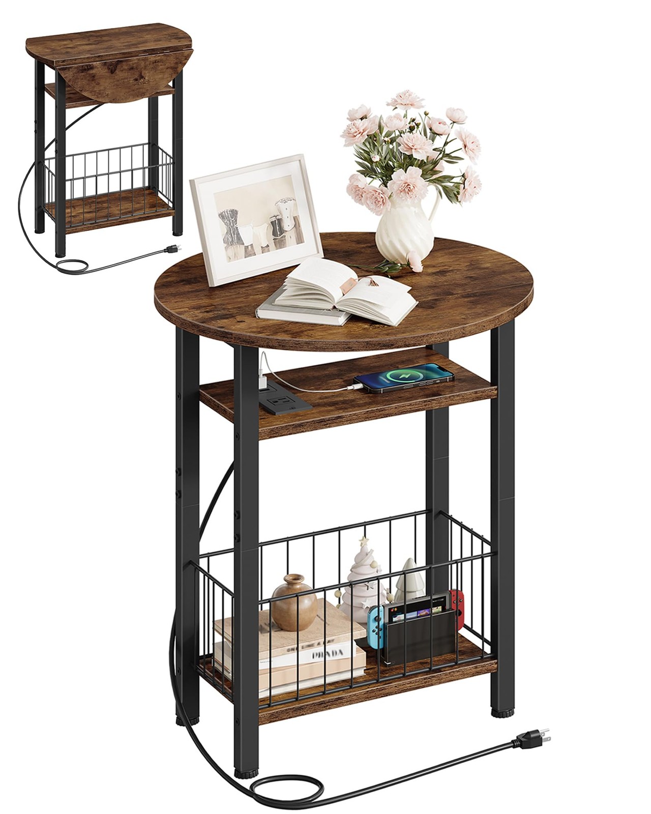 Folding Side Table, Side Table with Charging Station, 3-Tier Narrow End Table…