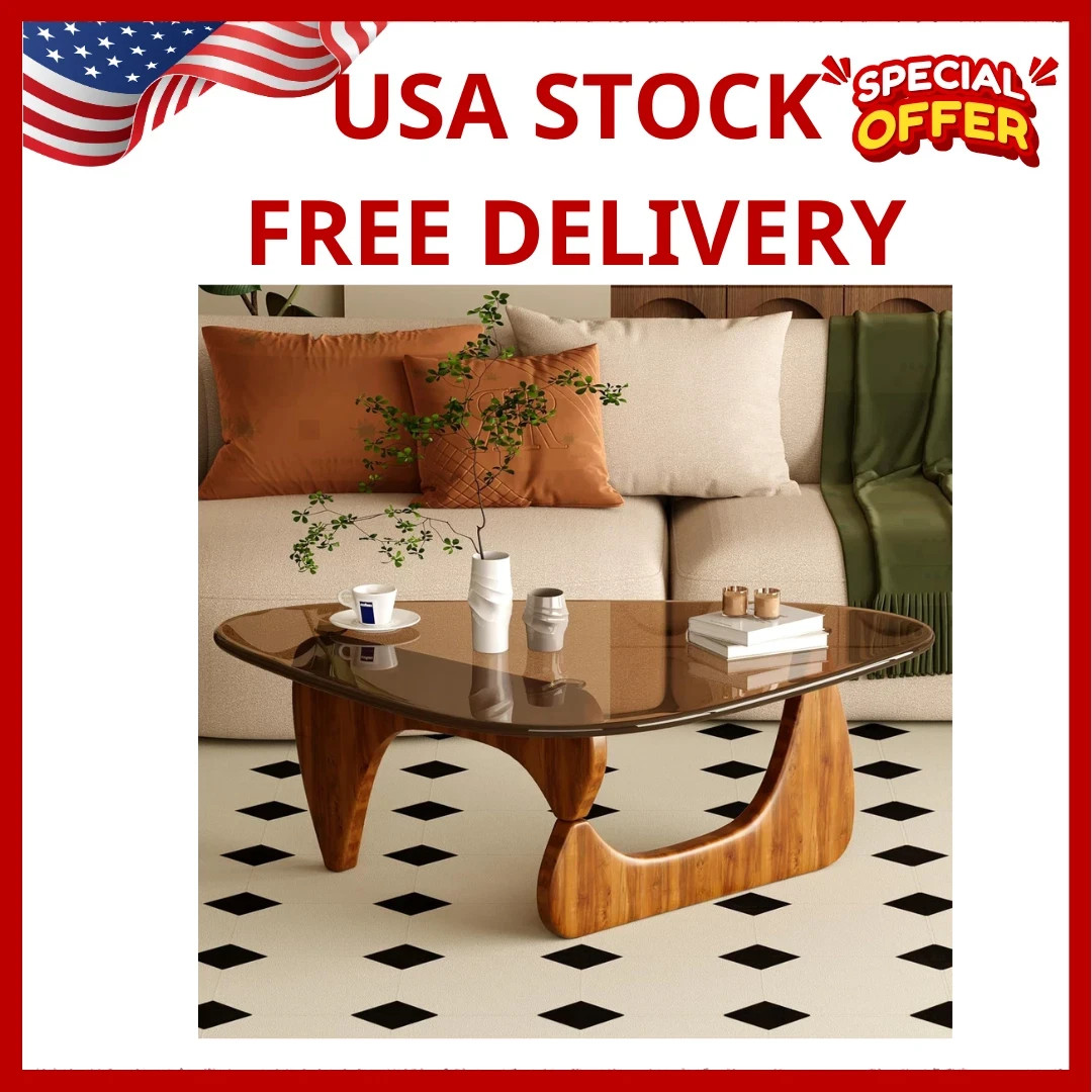 Mid Century Modern Coffee Table with Glass Top – Brown Walnut Finish