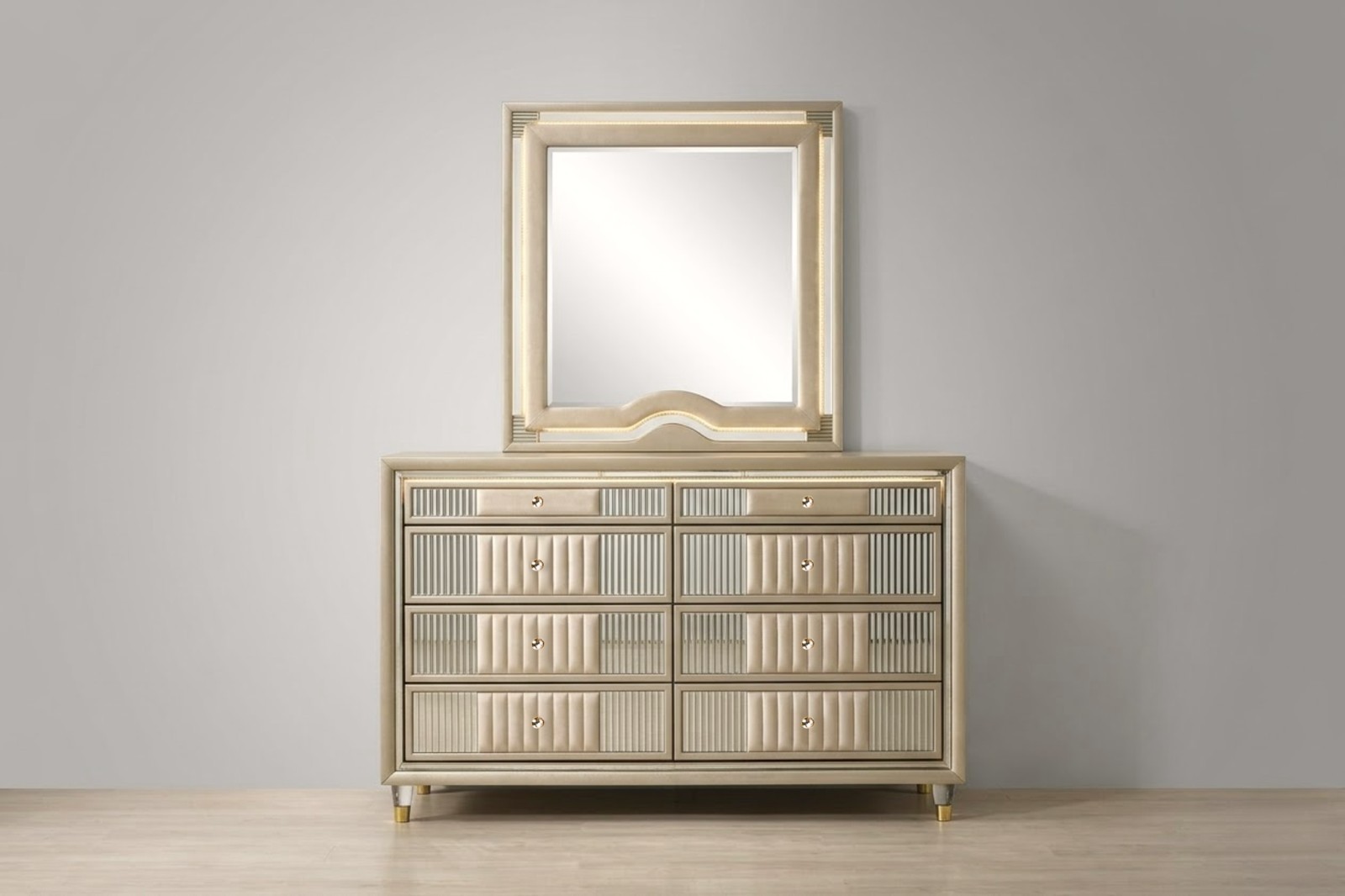 NEW LED Queen King Biege Cream 5PC Velvet Bedroom Set Modern Furniture B/D/M/N/C