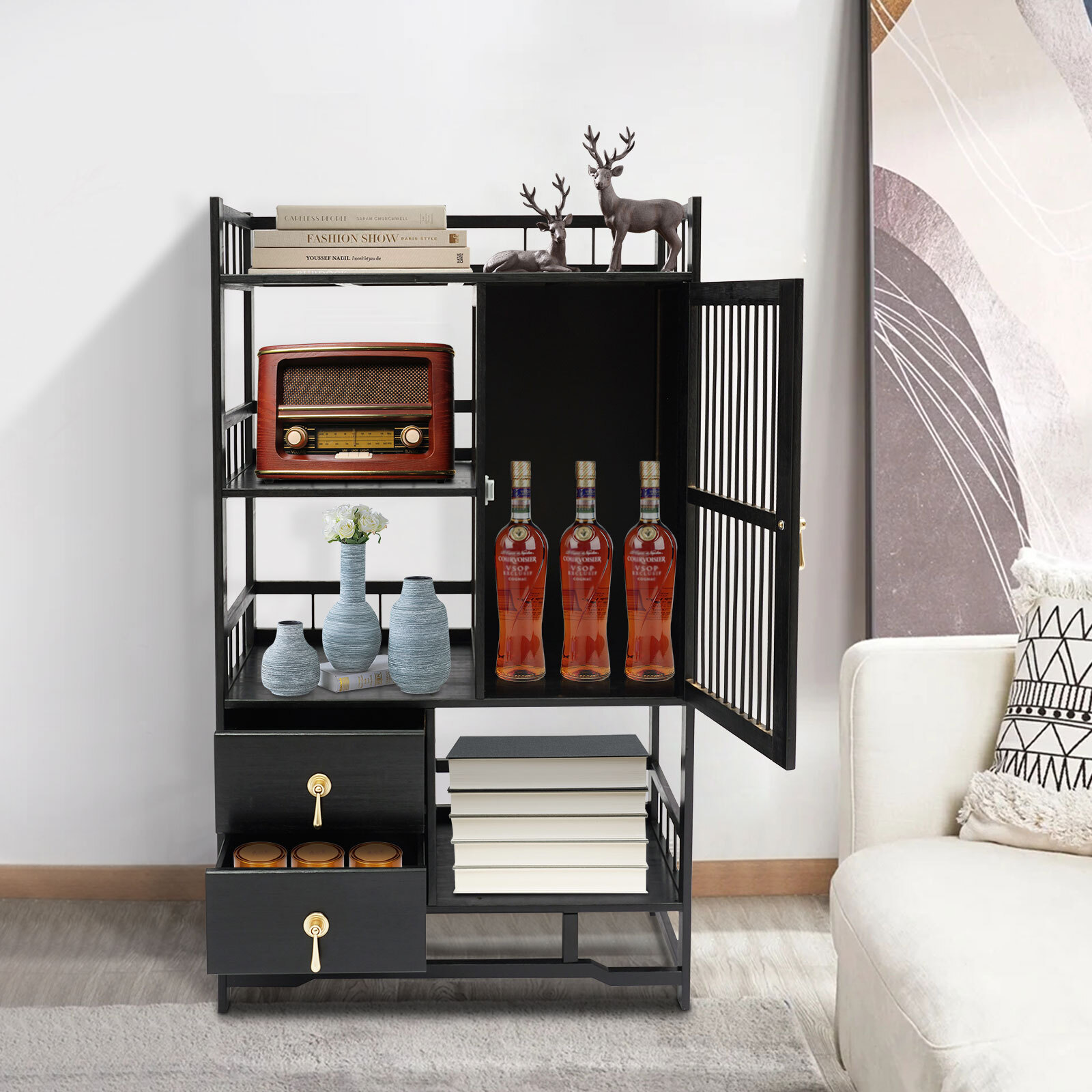 4 Tiers Living Room Storage Cabinet Kitchen Appliance Cabinet Bamboo Cabinet NEW