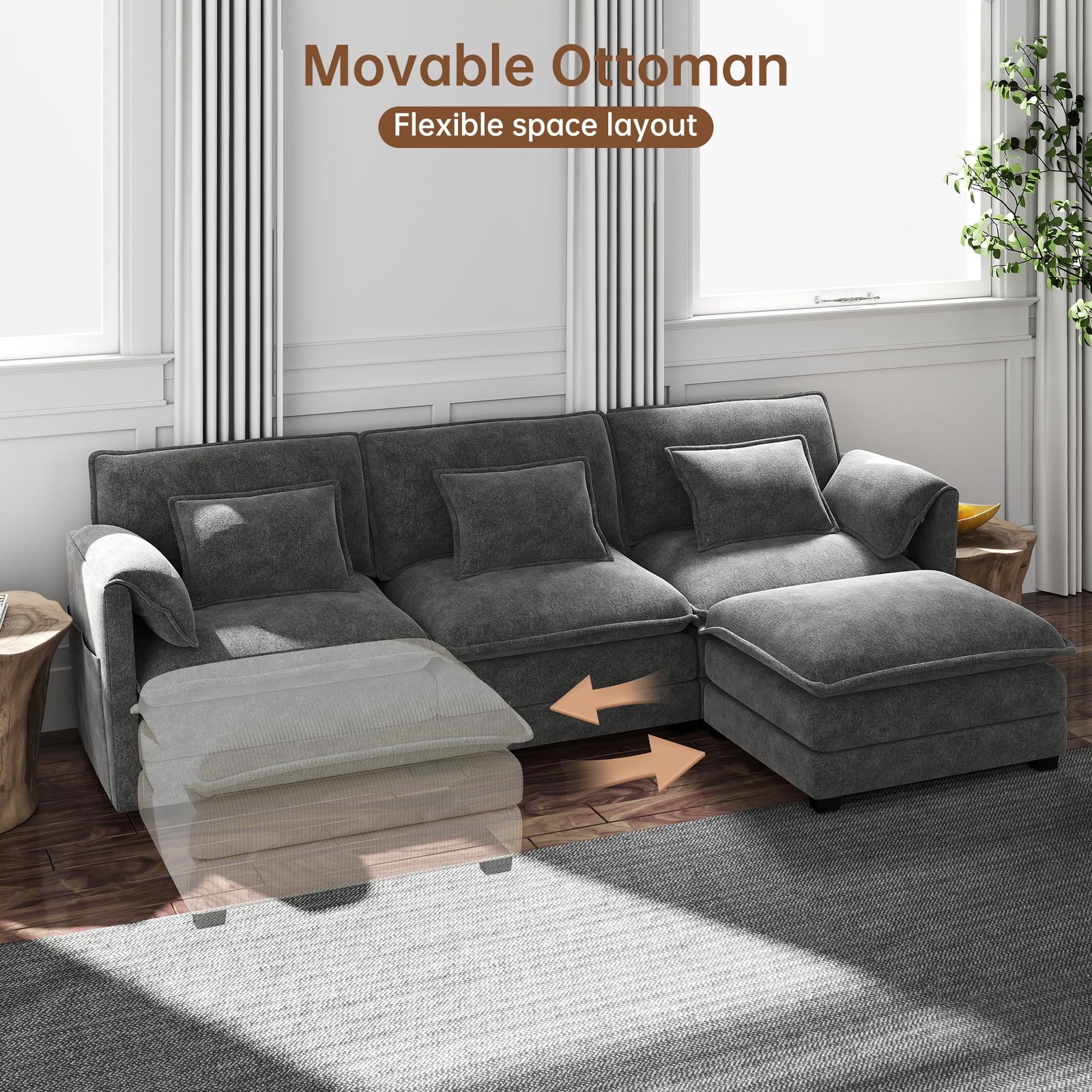 34.9in Modular Sectional Single Seat No Armrest w/ Ottoman Chenille Dark Gray