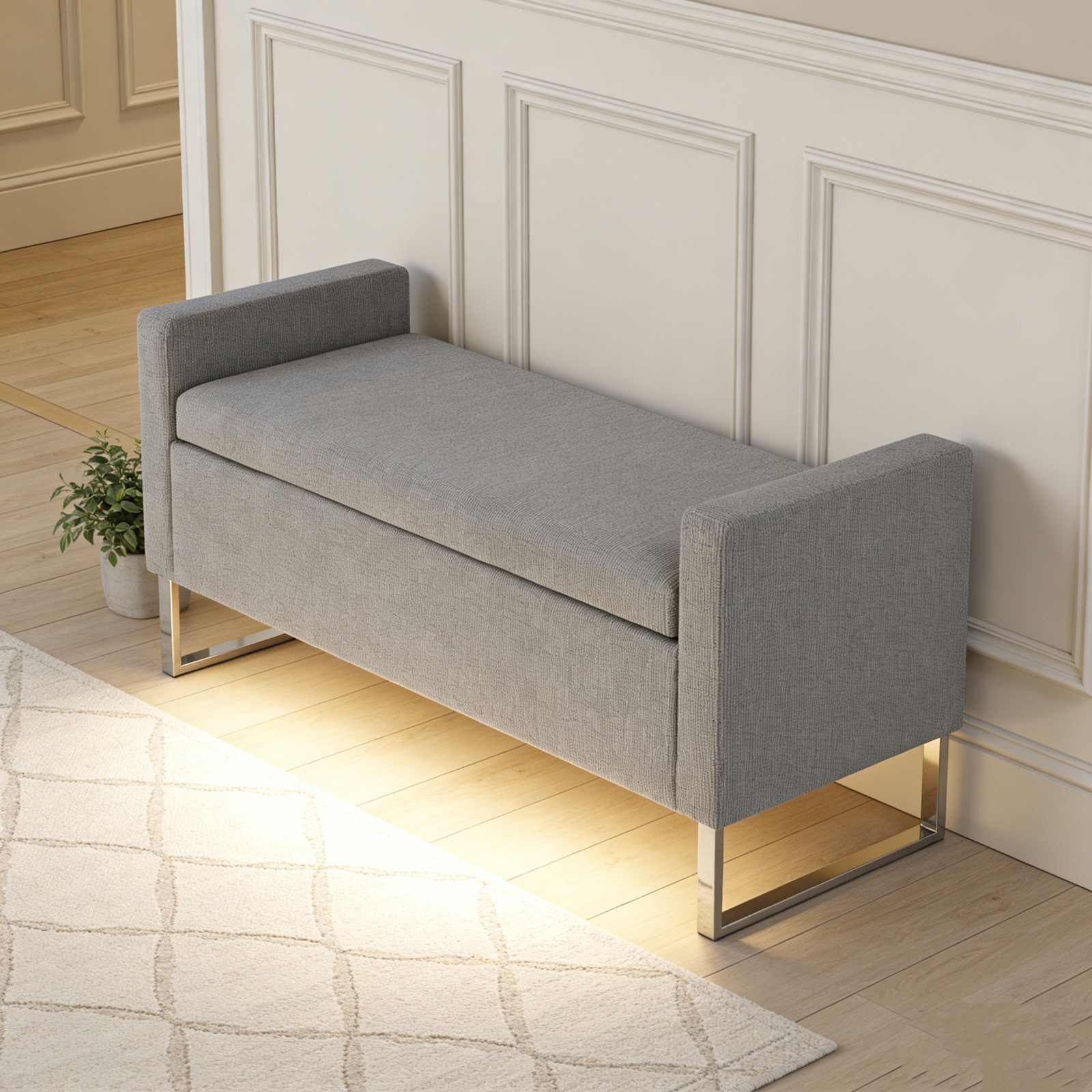 Upholstered Storage Ottoman Bench for Living Room, Bedroom, Grey w/ Metal Base