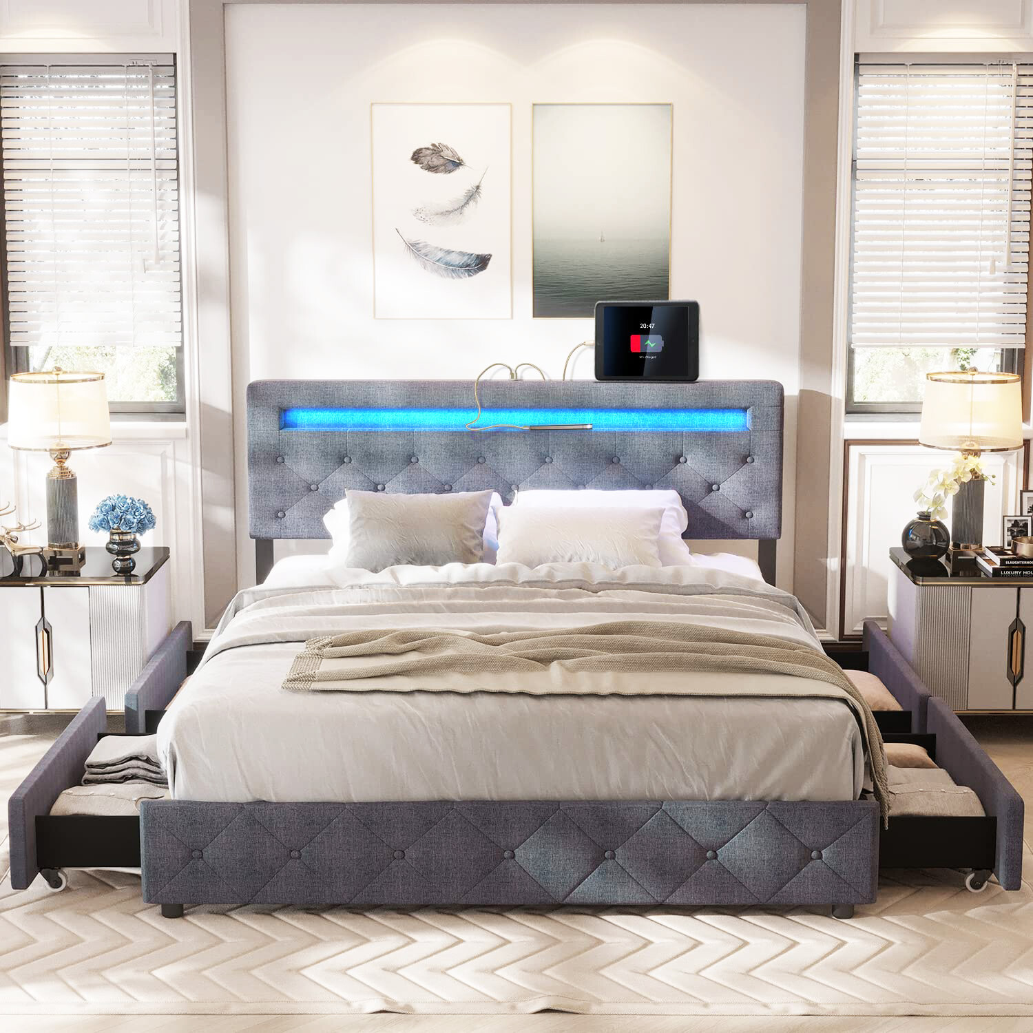 Modern Upholstered Platform Bed Frame with LED Light Storage Headboard 4 Drawer