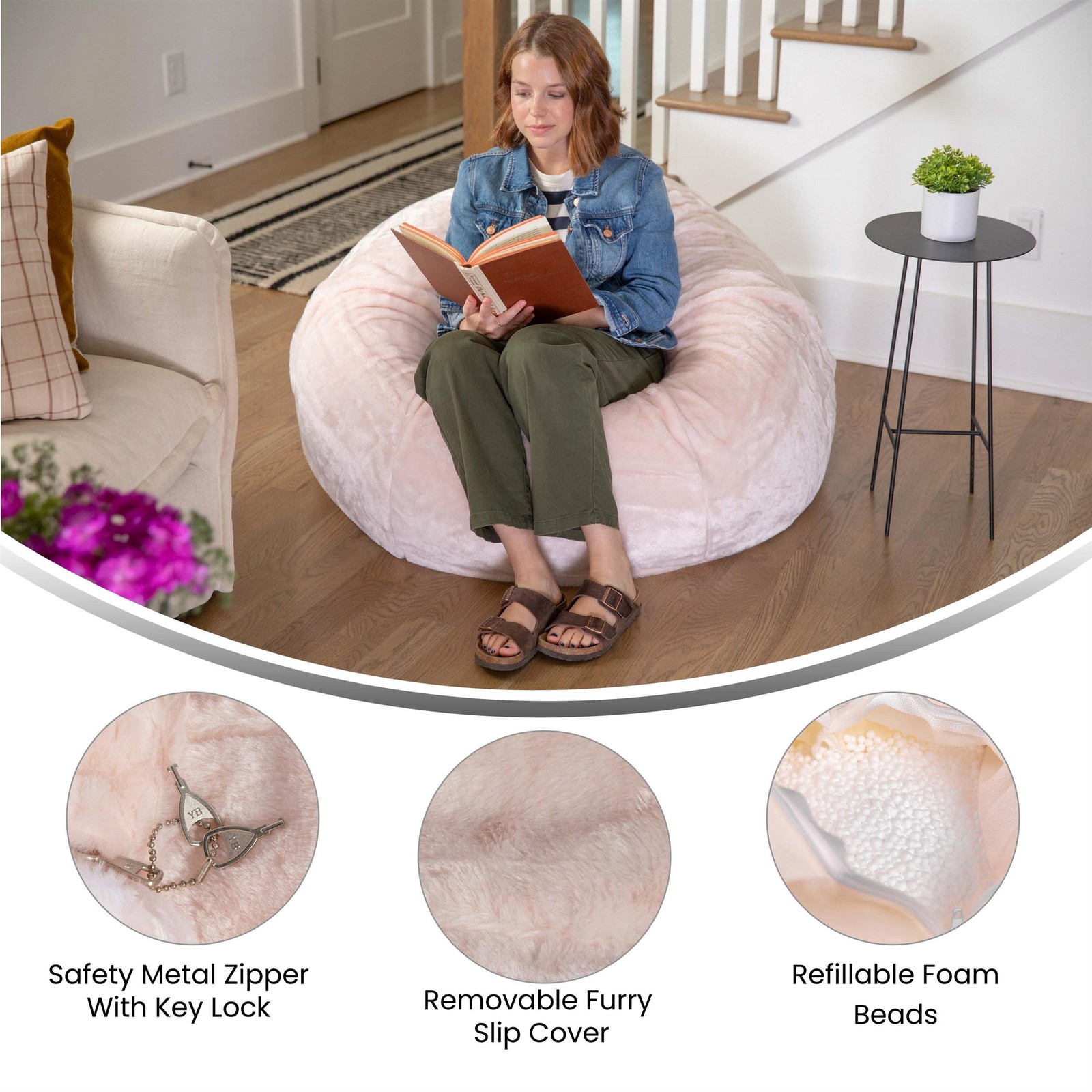 Flash Furniture Oversized Blush Furry Refillable Bean Bag Chair for All Ages