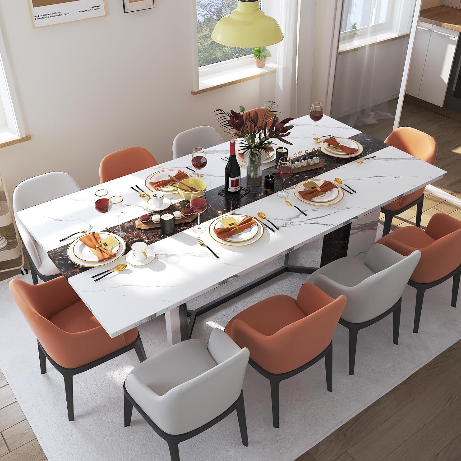 6 ft Large Modern Rectangular Dining Table for 6-8 People White Faux Marble Fin