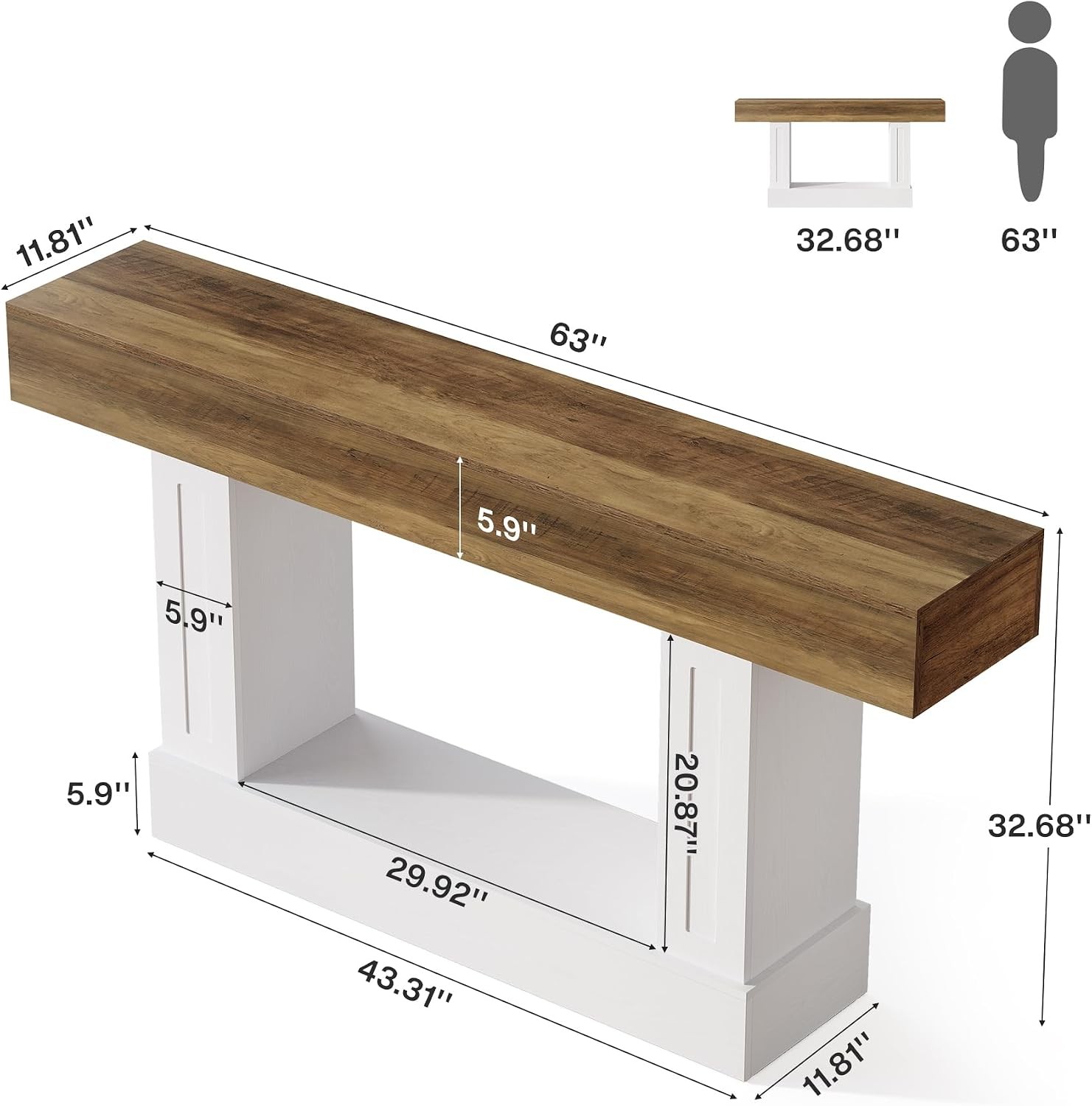63″ Long Console Table for Entryway, Farmhouse 2-Tier Sofa Table Behind Couch