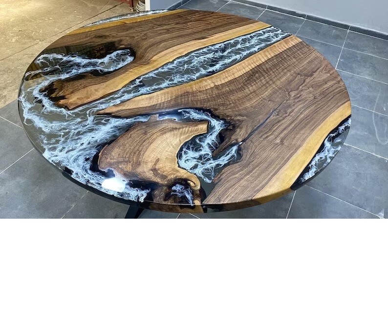 3 D Epoxy Resin, Live Edge Round Table, Black Epoxy End Table