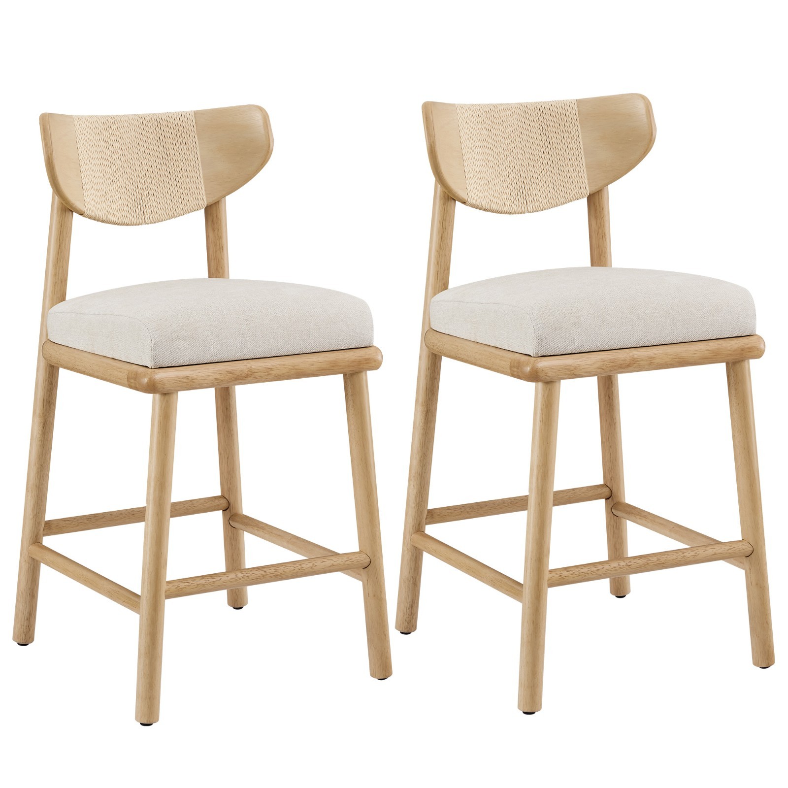 CHITA Boho Modern Fabric Upholstered Woven Rope Counter Stool with Back,Set of 2