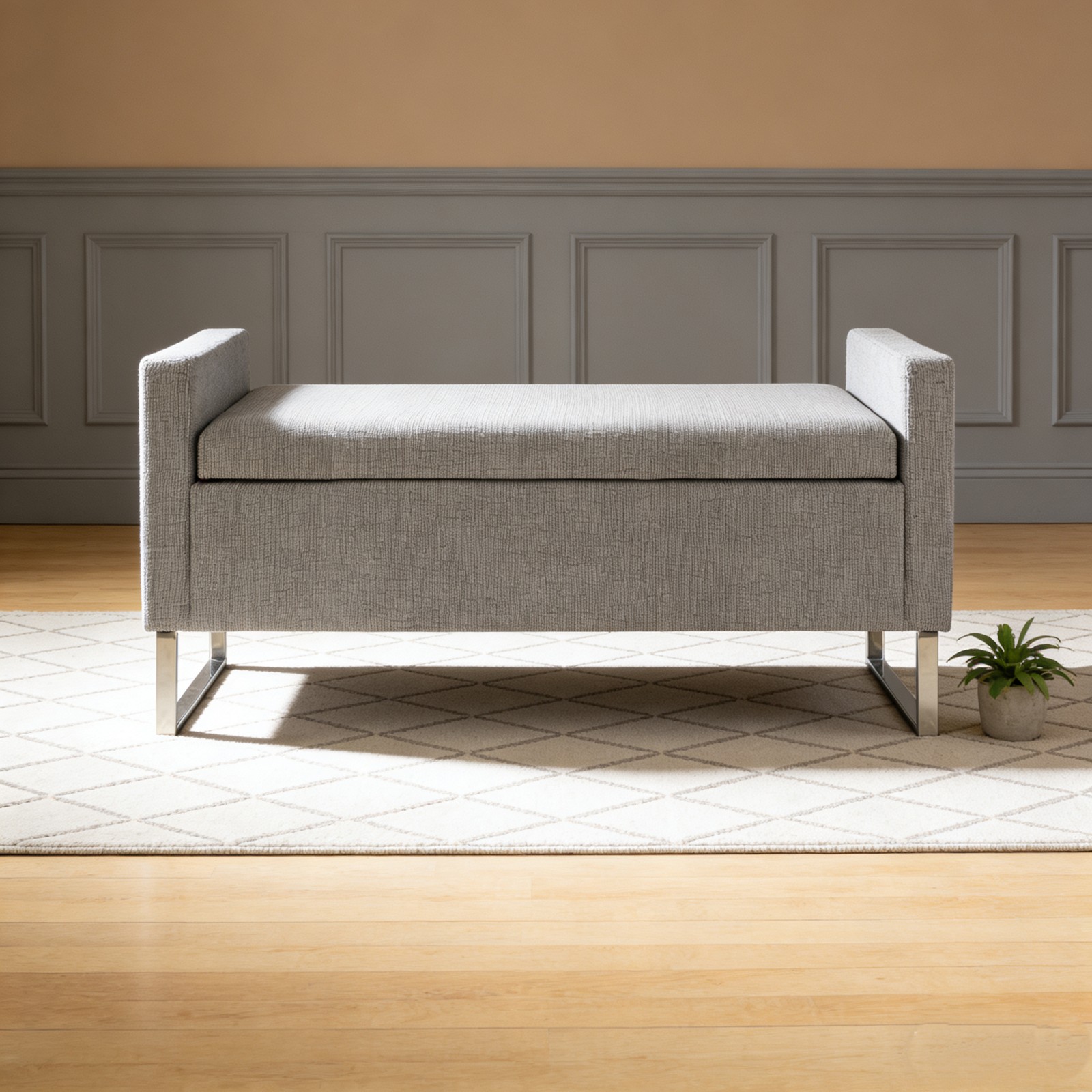 Upholstered Storage Ottoman Bench for Living Room, Bedroom, Grey w/ Metal Base